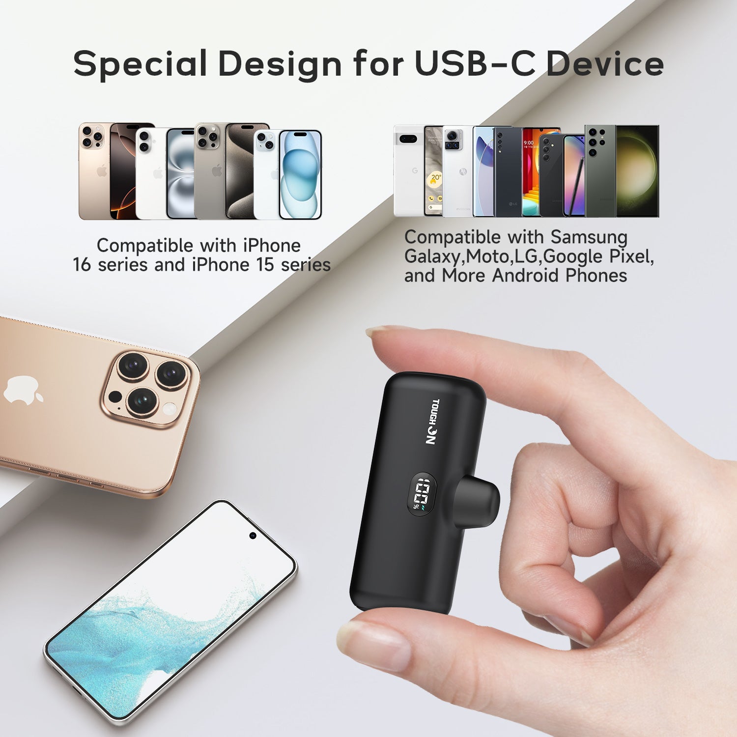 Tough On Mini Portable Charger 5000mAh Power Bank USB C Charging for Samsung Android iPhone 15 & 16 Series