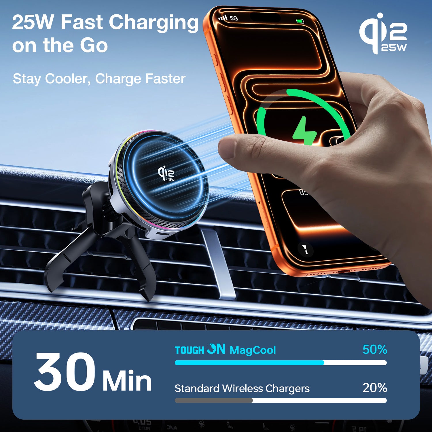 25W MagSafe car mount fast charging iPhone 17 with Tough On Qi2 wireless charger