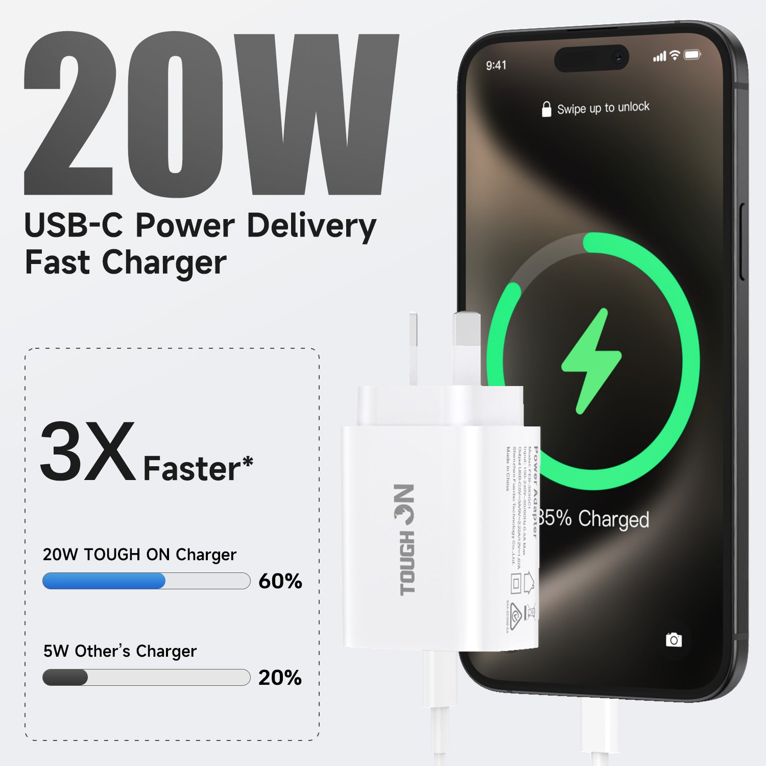 Tough On Tough Power Wall Charger 20W USB C Fast Charge PD 3.0