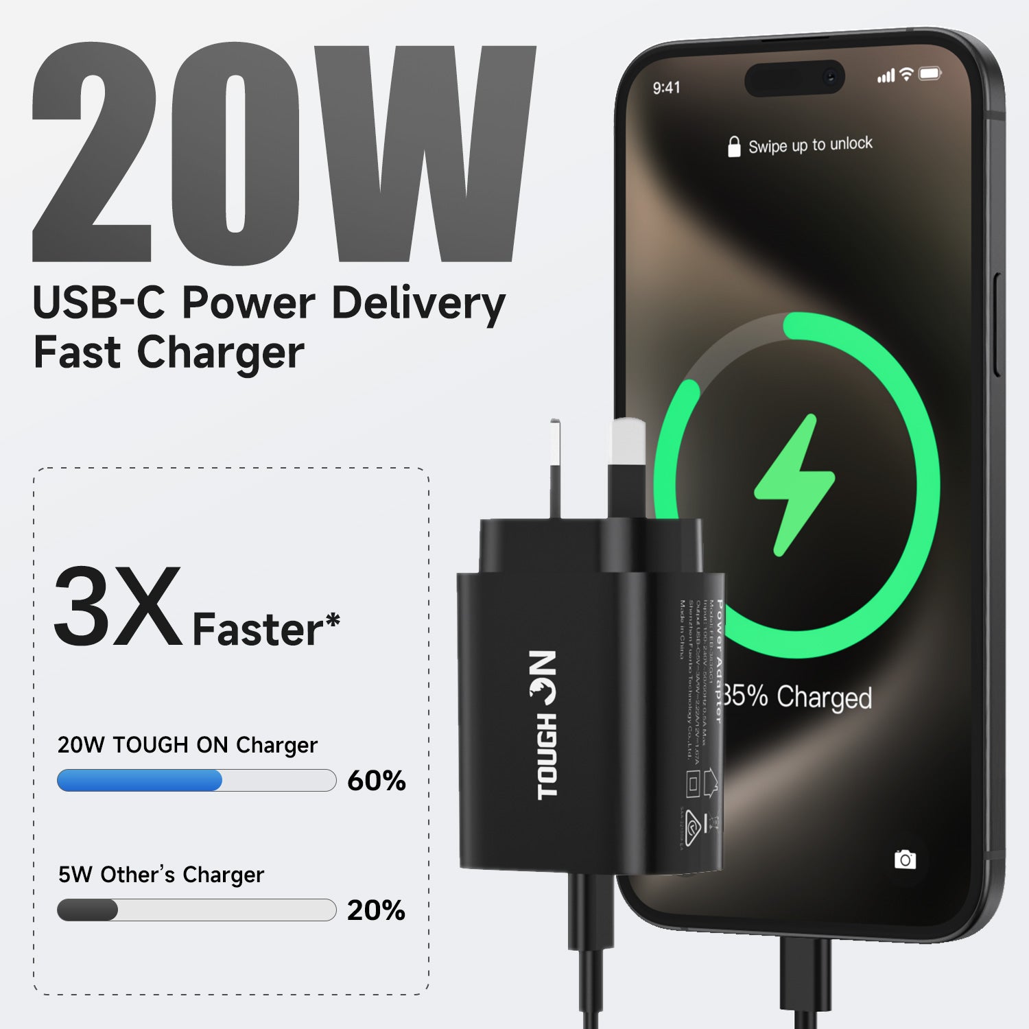 Tough On Tough Power Wall Charger 20W USB C Fast Charge PD 3.0 Black