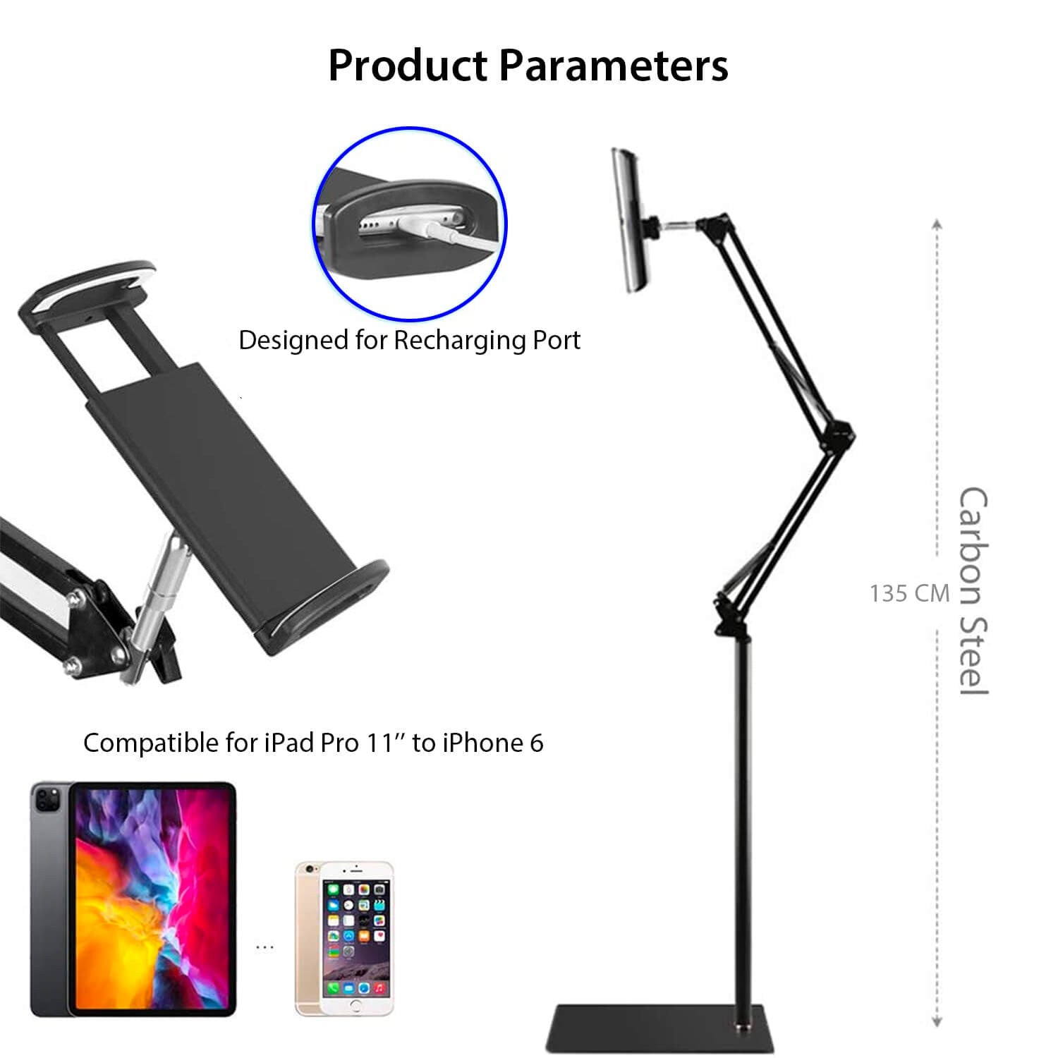 Adjustable Floor Stand With Phone & Tablet Holder