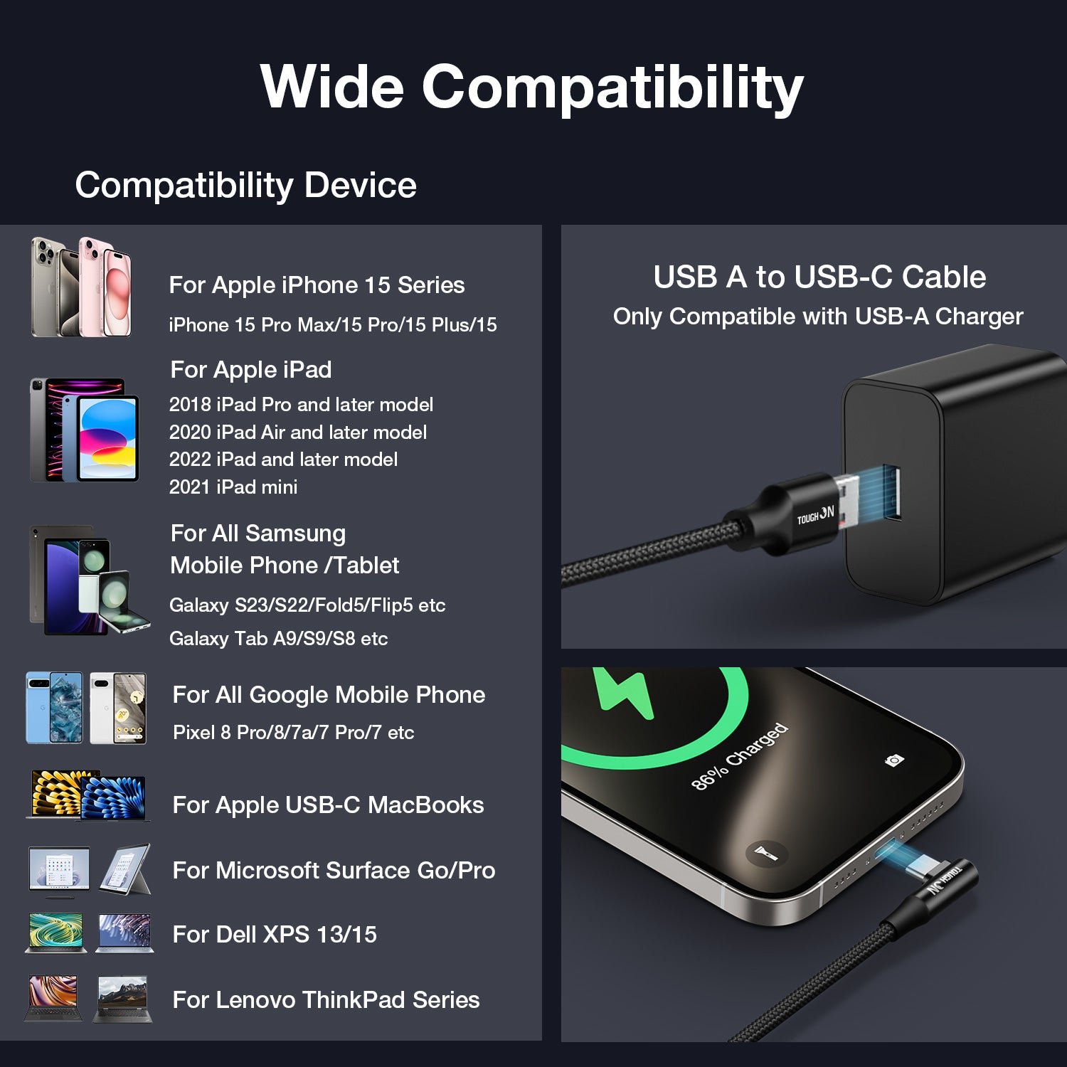 Tough On USB A to USB C Charger Cable 100W Fast Charging