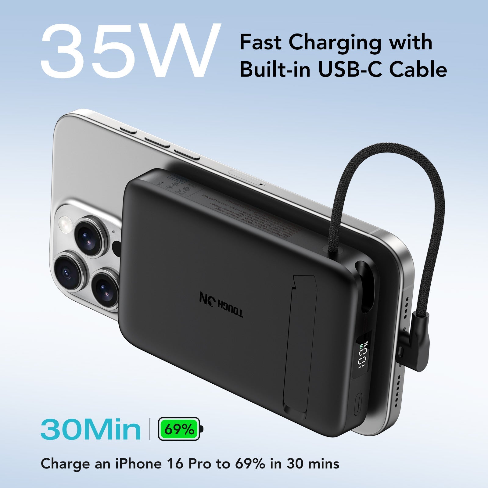 Tough On MagSafe Power Bank Qi2 10000mAh Built-in Cable and Stand