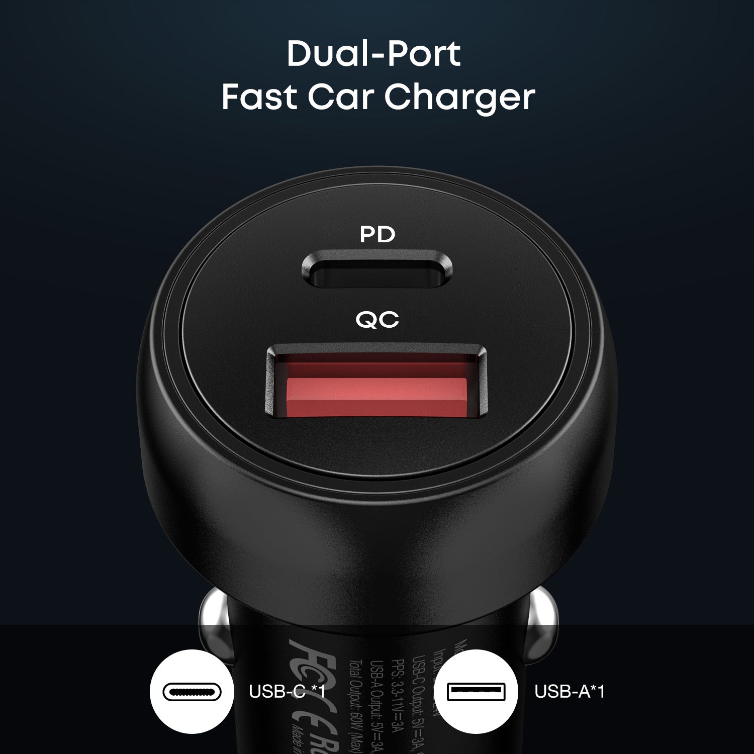 Tough On Fast Charging Car Charger with USB C and USB A Ports