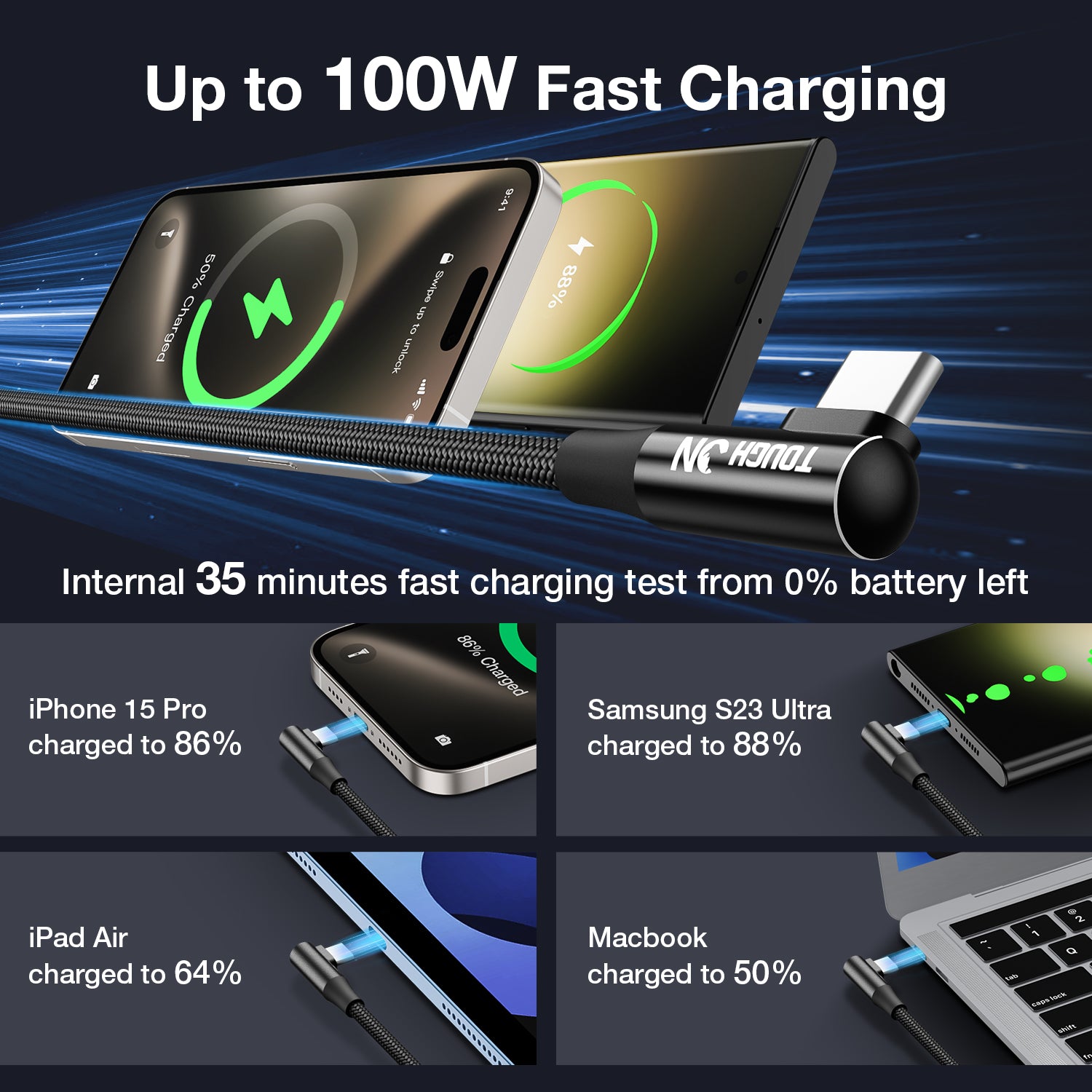 Tough On USB C to USB C Charger Cable 100W Right Angle Type C Fast Charging Cable