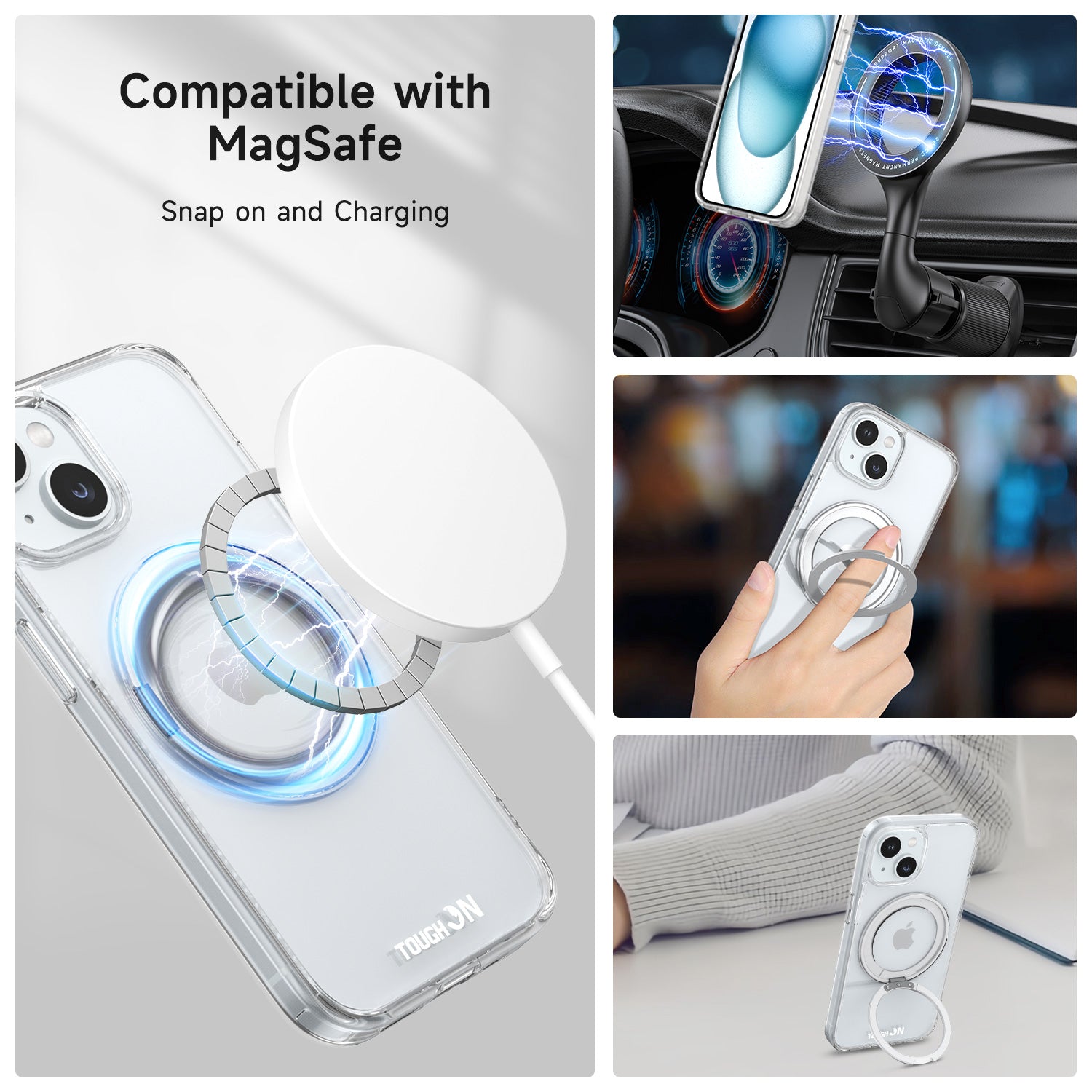 Tough On iPhone 15 Plus Case 360° Rotate Stand With MagSafe Clear