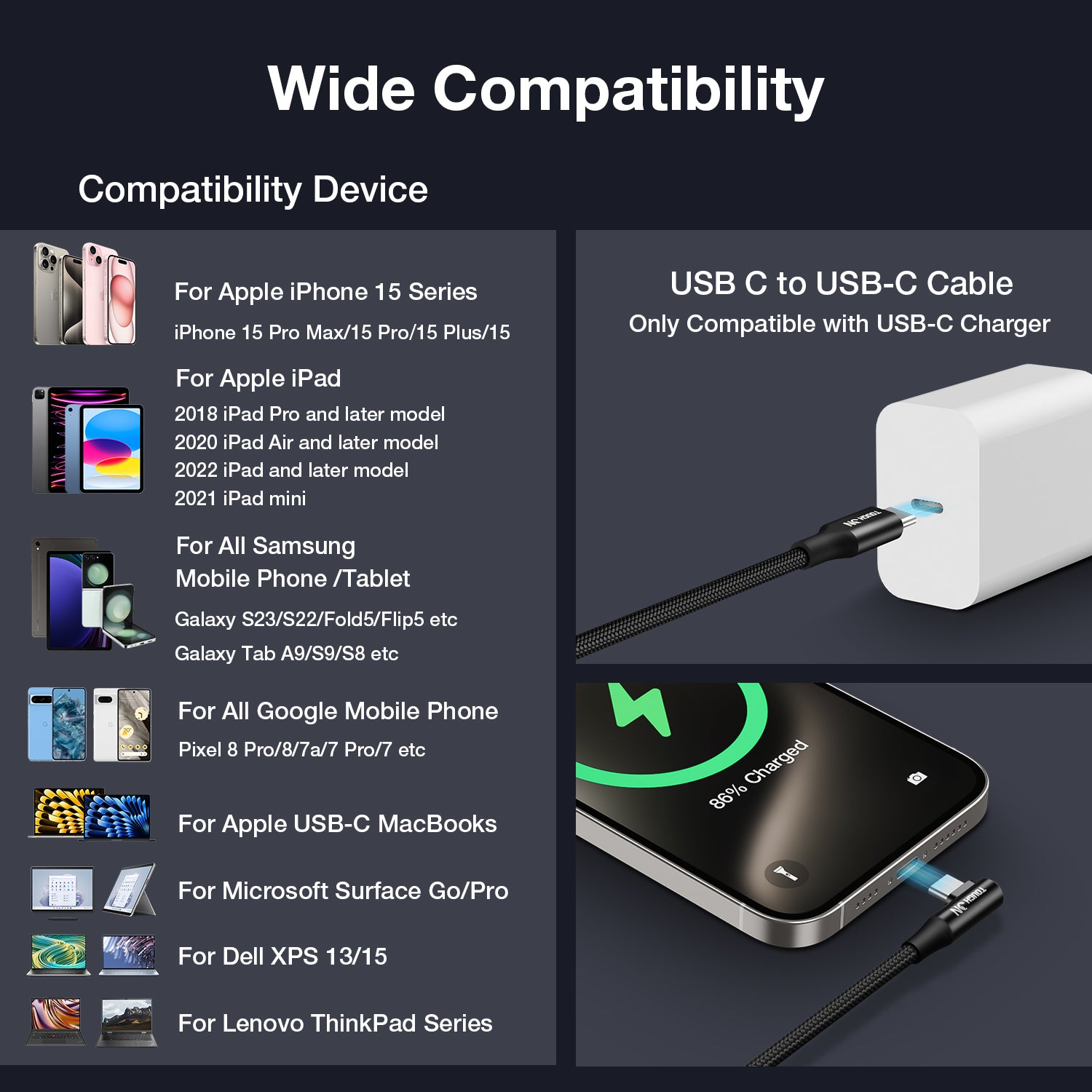 Tough On USB C to USB C Charger Cable 100W Right Angle Type C Fast Charging Cable