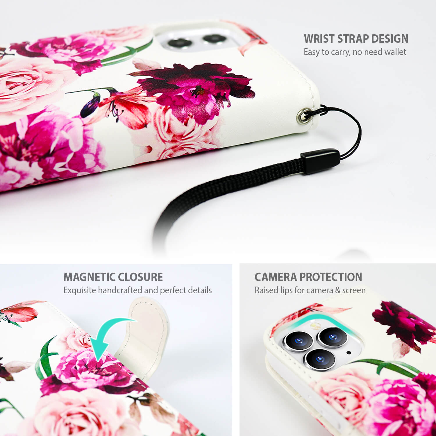 Tough On iPhone 12 Pro Max Case Magnetic Detachable Leather Rose Flower