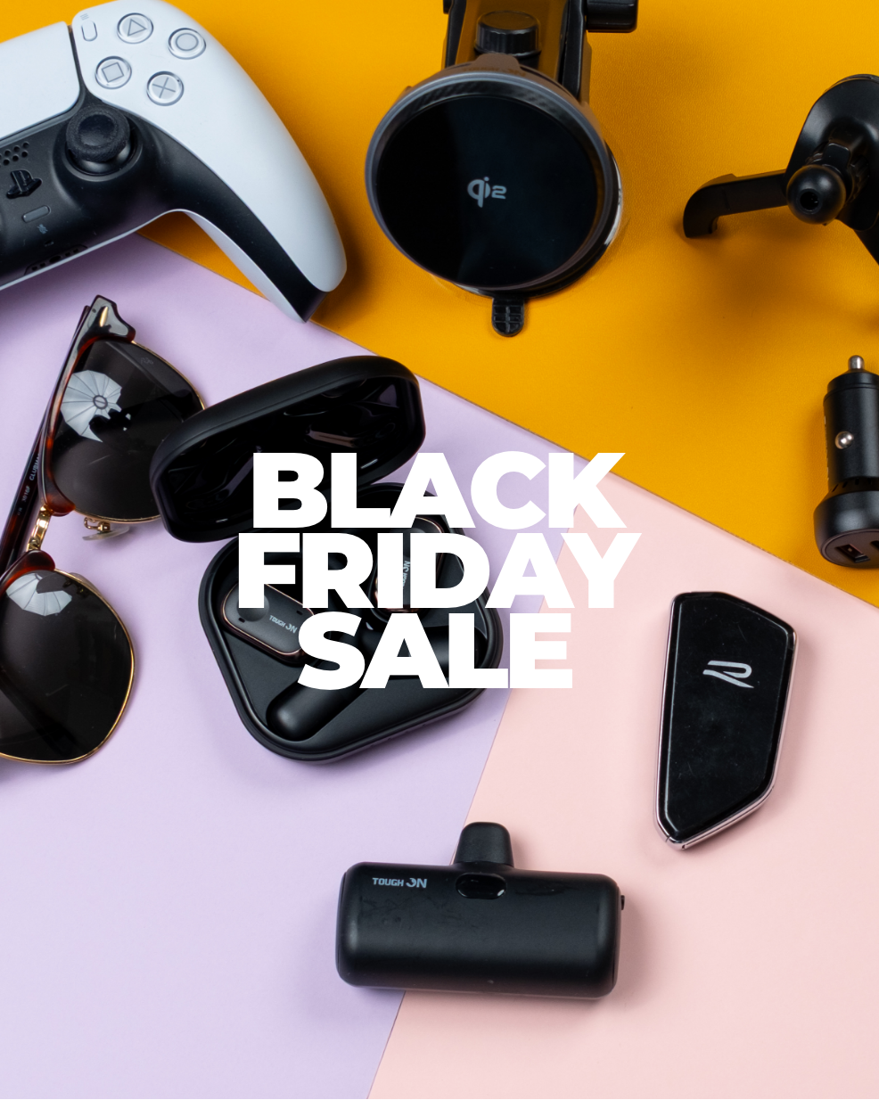 Black Friday sale advertisement with tech accessories on a colorful background