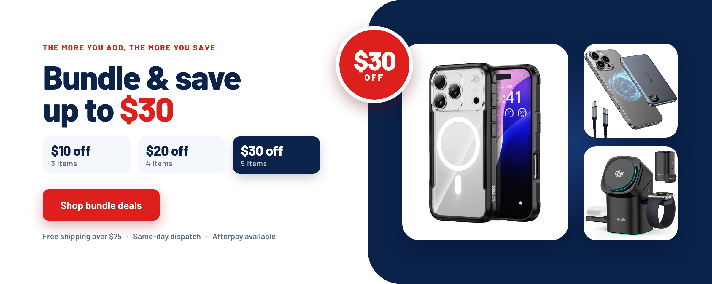 Bundle and save: $10 off 3 items, $20 off 4 items, $30 off 5 items.