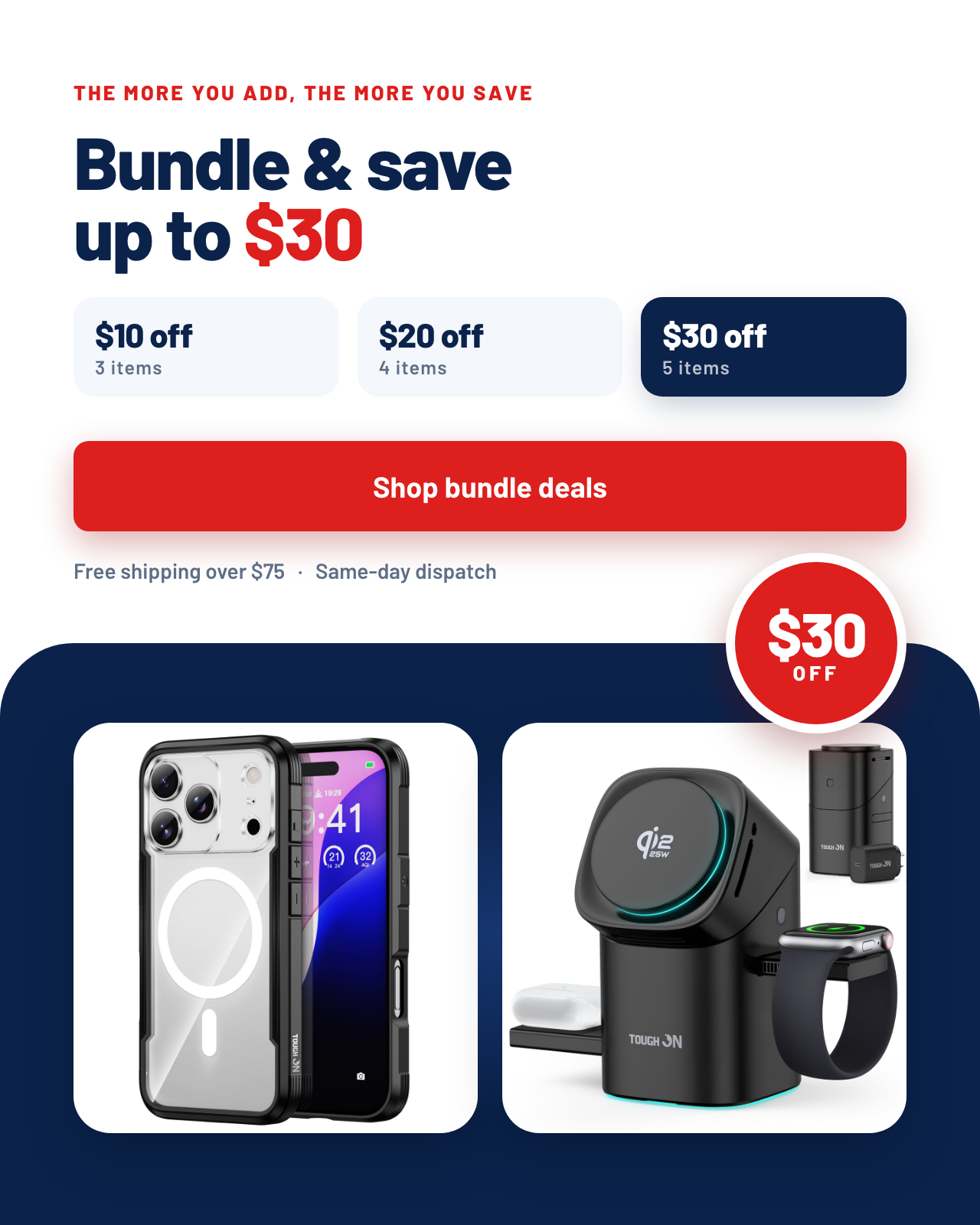 Bundle and save: $10 off 3 items, $20 off 4 items, $30 off 5 items.