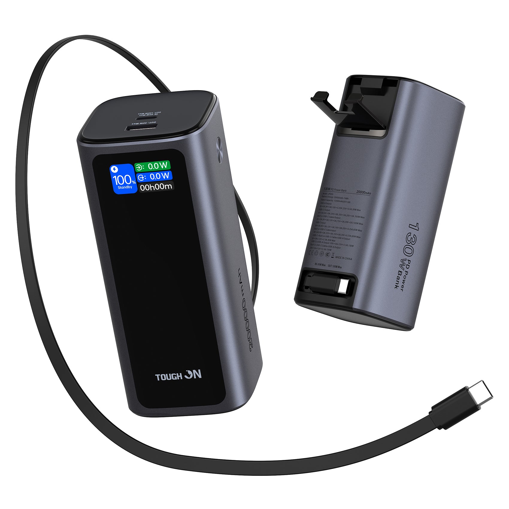 Tough On 130W 20000mAh Power Bank with Retractable Built-in Cable & Stand