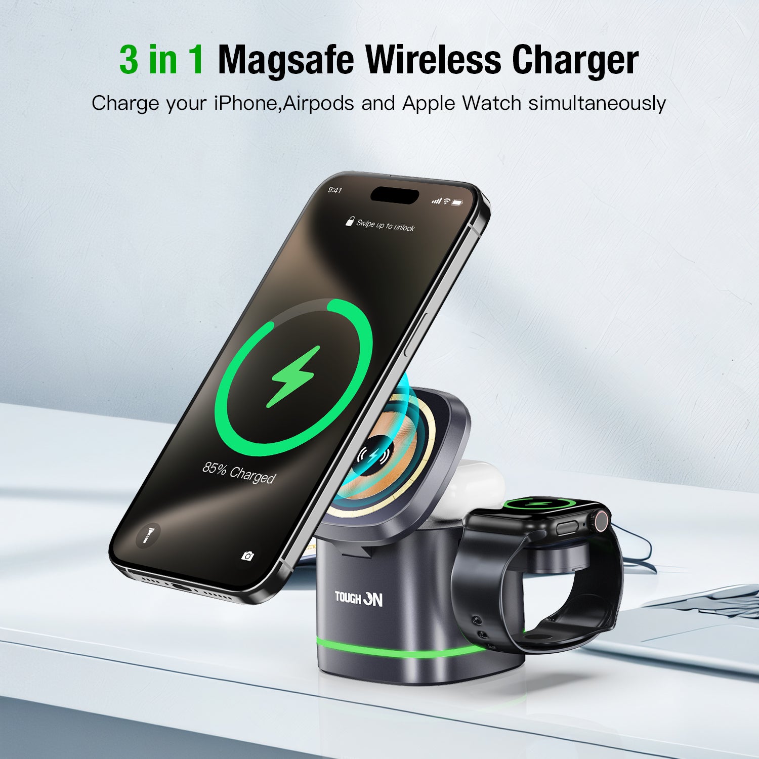 Tough On 3 in 1 Wireless Charger Cube with Magsafe Charger Stand