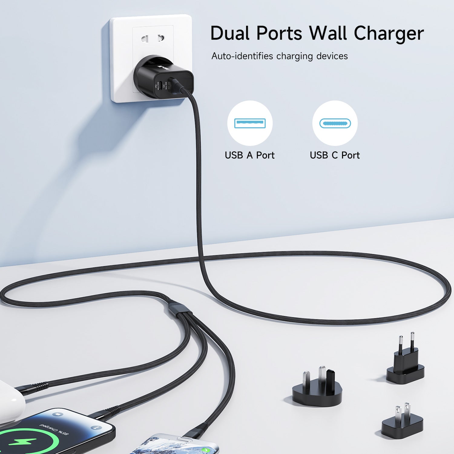 Tough On 30W Dual Port Universal Travel Fast Wall Charger with 3 in 1 Charging Cable