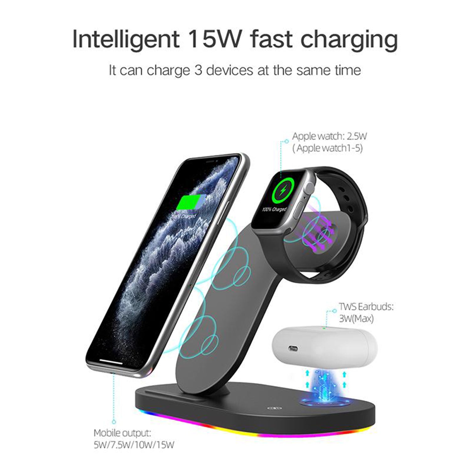 Tough On 3 in 1 Wireless Charger Stand Dock for Apple iPhone Watch Airpods