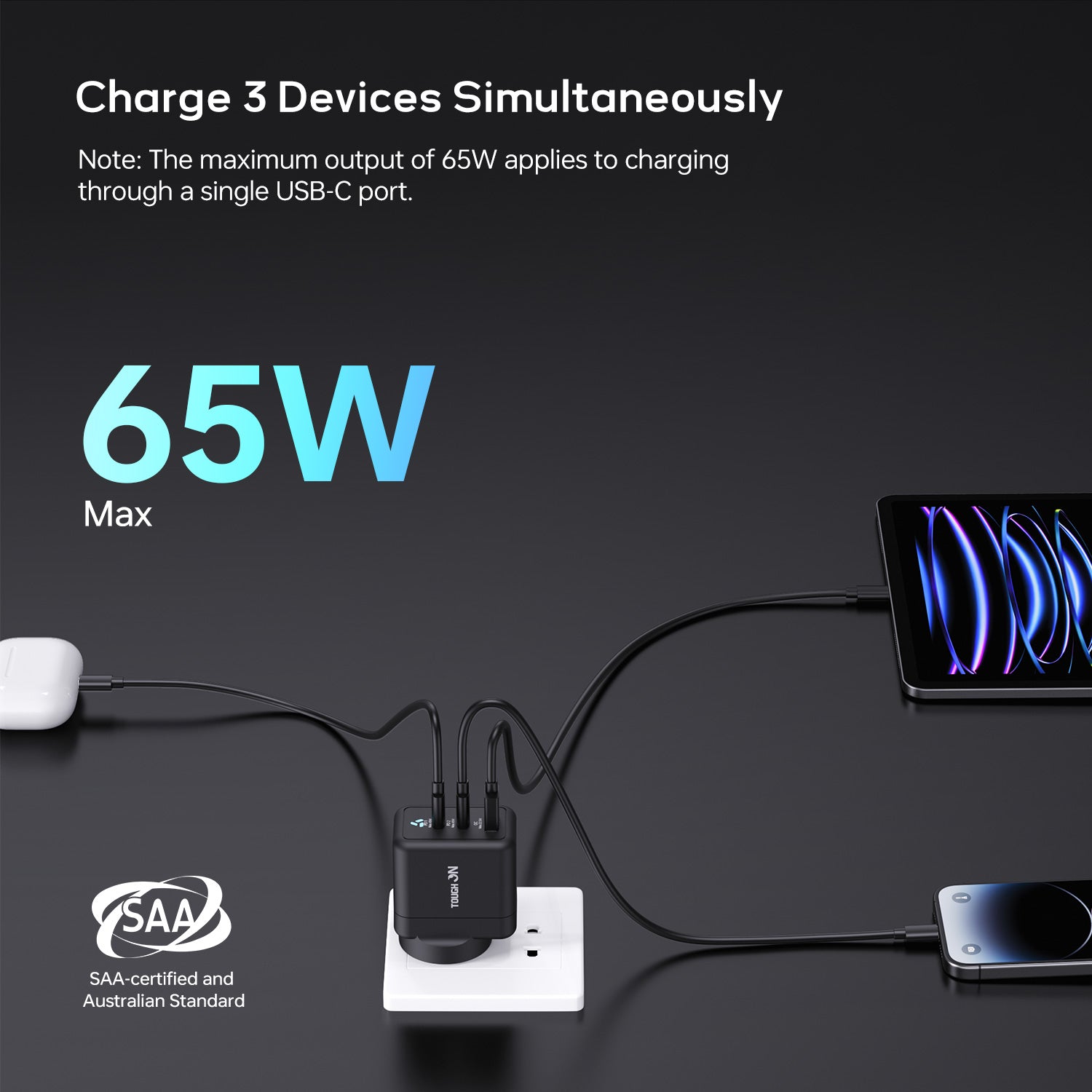 Tough On 65W 3 Port PD & QC 3.0 Fast Wall Charger