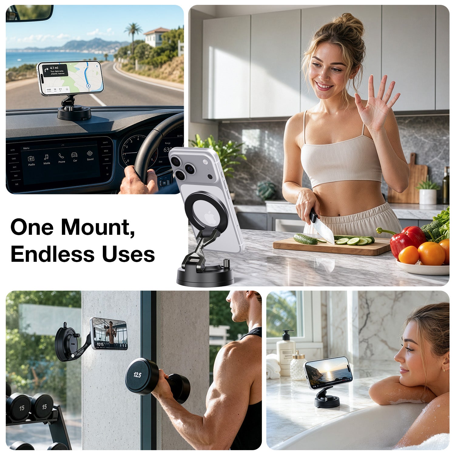 Collage of a phone mount in various settings including car, kitchen, gym, and bathroom.