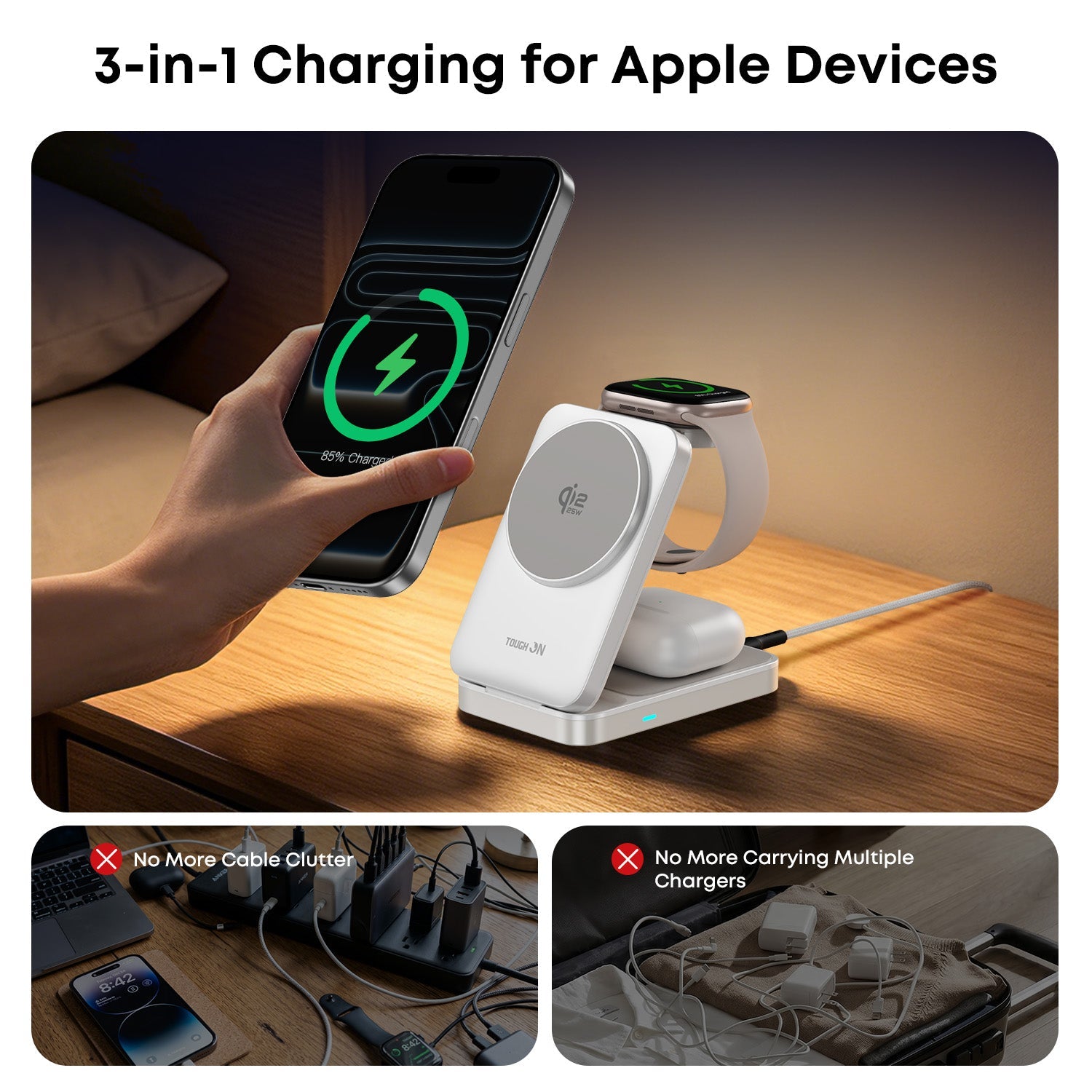 3-in-1 charging station for Apple devices on a wooden surface with a hand holding a phone.