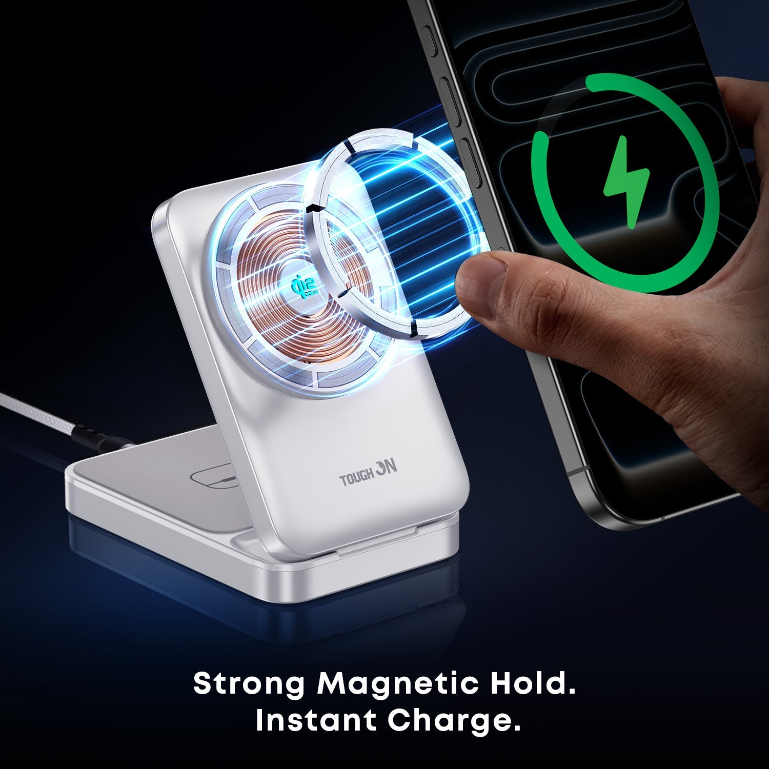 Wireless charging stand with a hand holding a phone, highlighting 'Strong Magnetic Hold' and 'Instant Charge'.