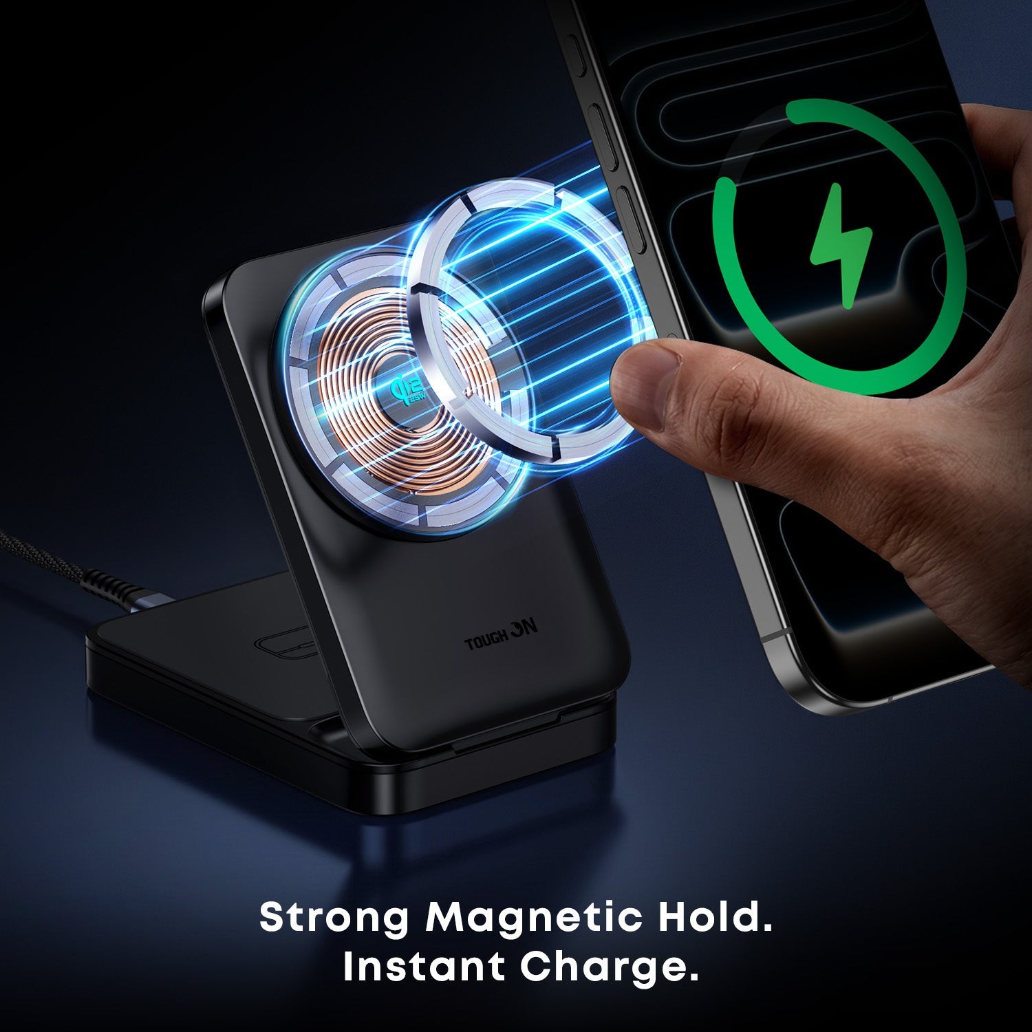 Wireless charging station with a hand holding a phone, highlighting magnetic hold and instant charge features.