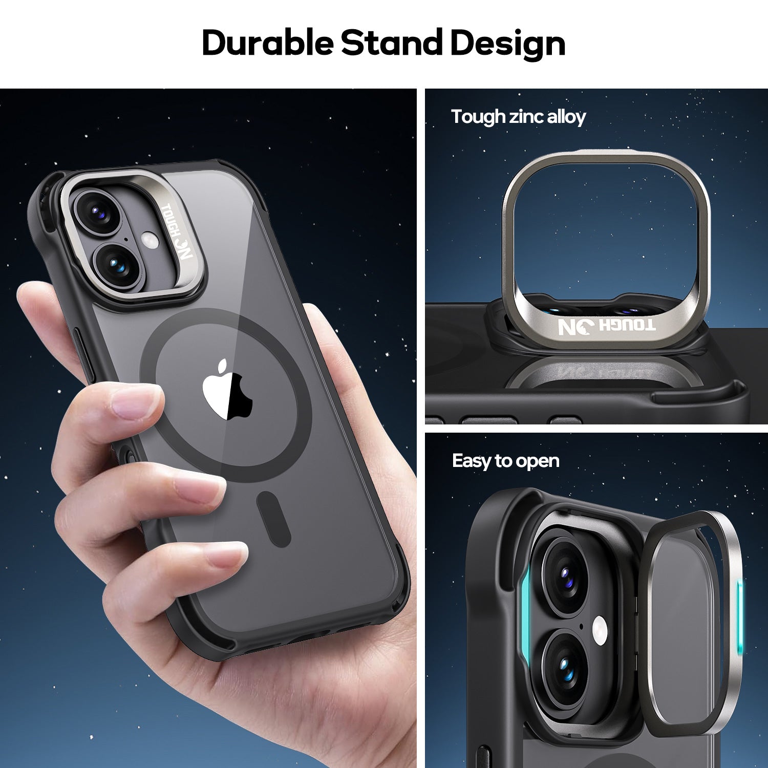 Tough On iPhone 16 Case with Camera Stand Black MagSafe Compatible