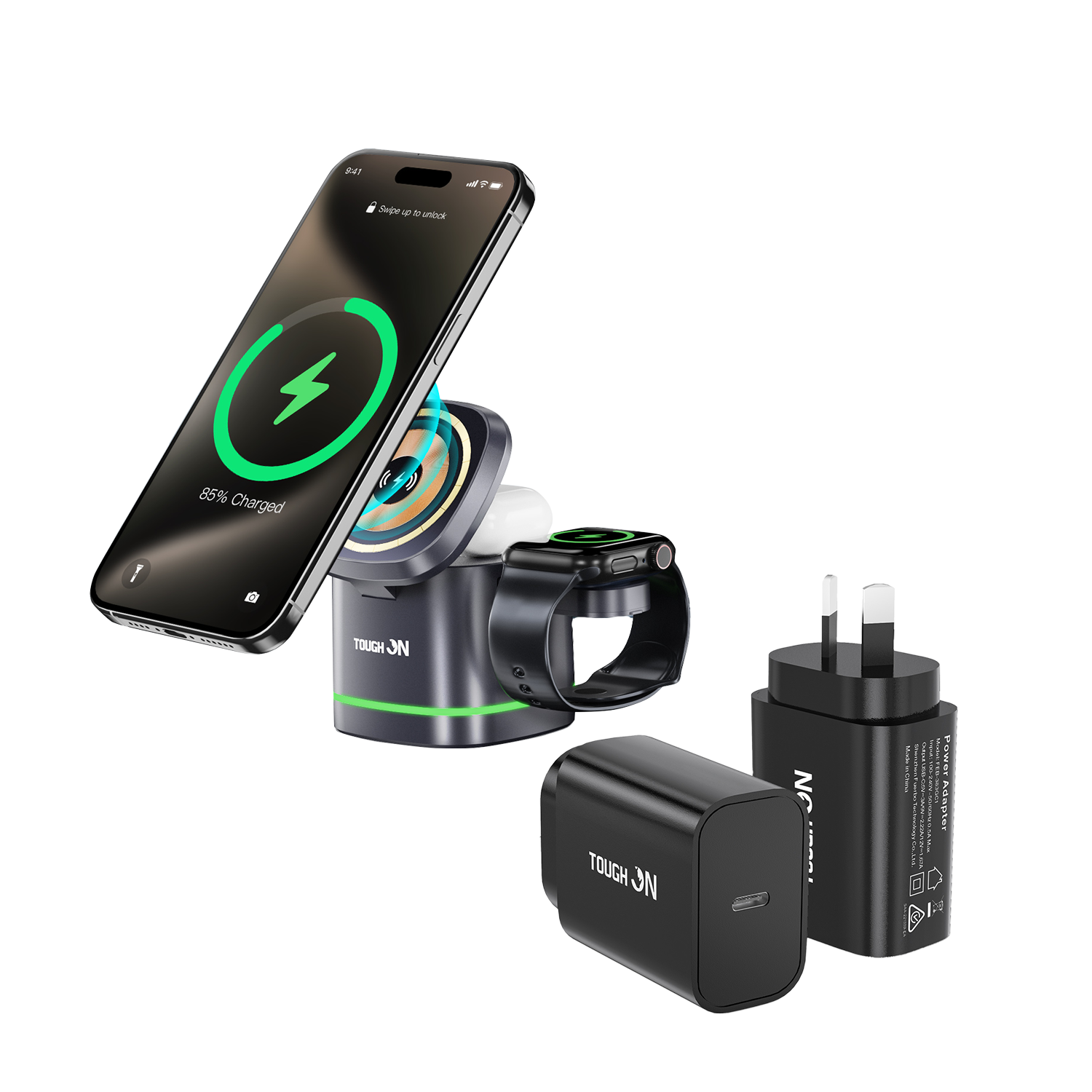 Tough On 3-in-1 Wireless Charger with MagSafe (for Apple Devices) and 20W USB-C Charger Bundle