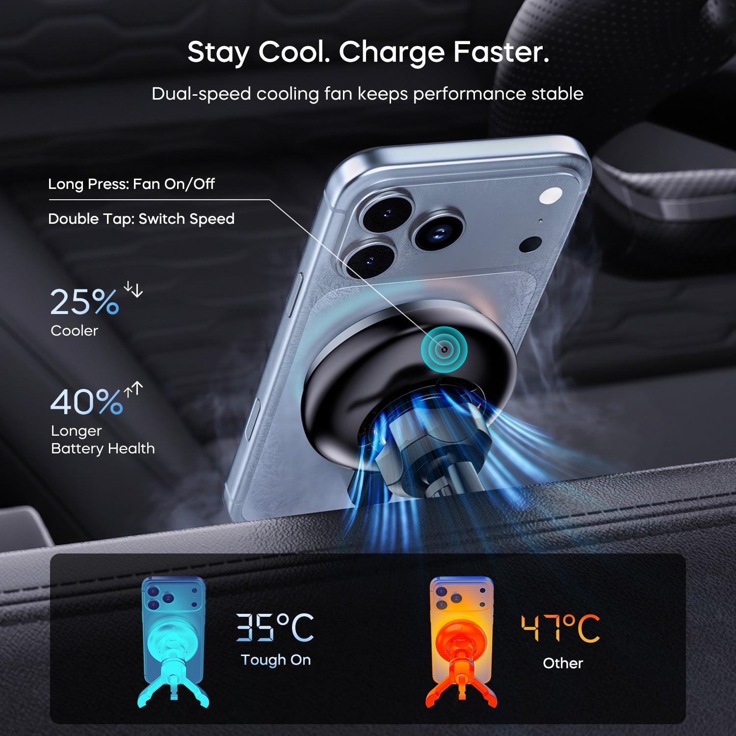 TurboCharge Qi2.2 25W Magnetic Wireless Car Charger with Active Cooling