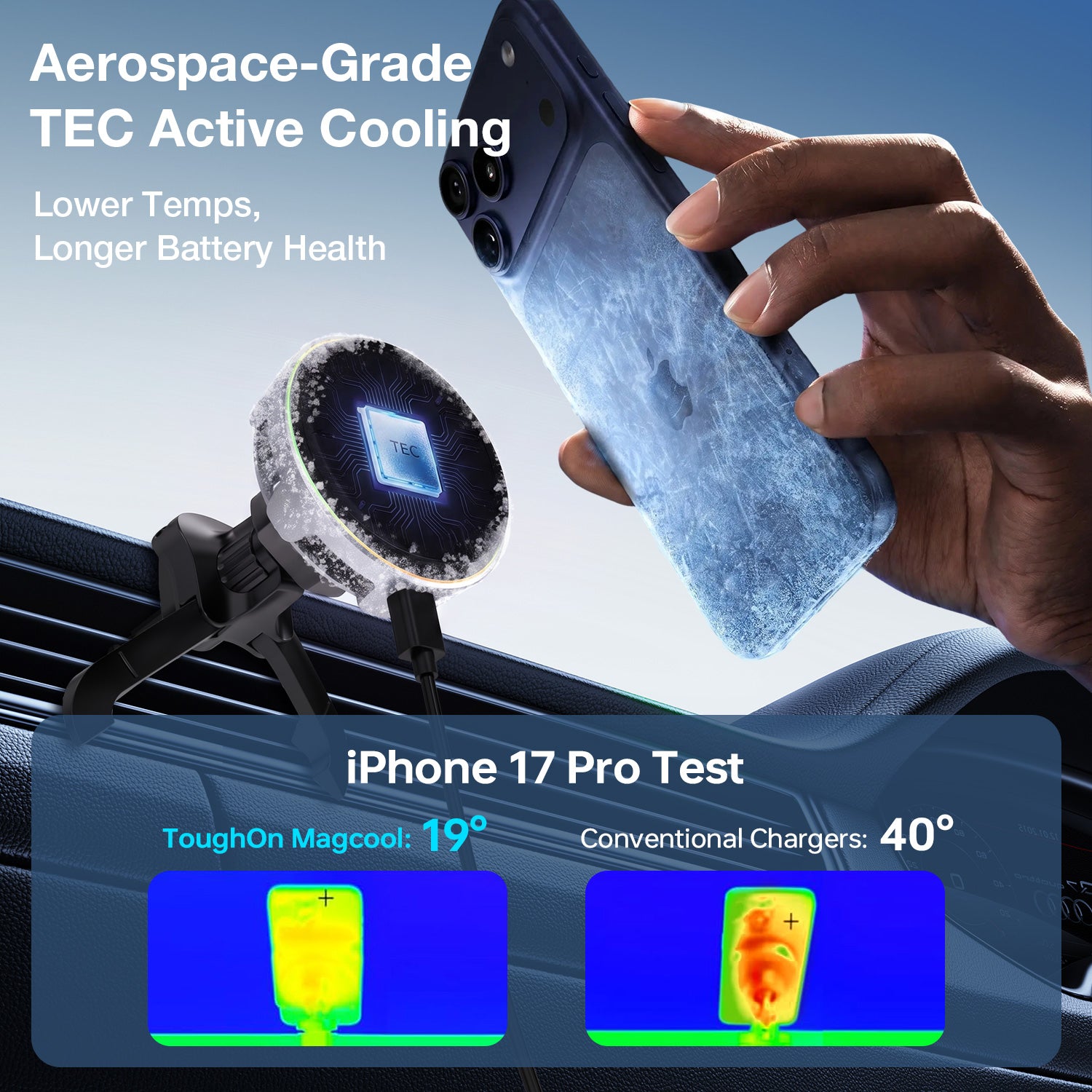 Active semiconductor phone cooler for car showing cooling chip in Tough On MagCool charger