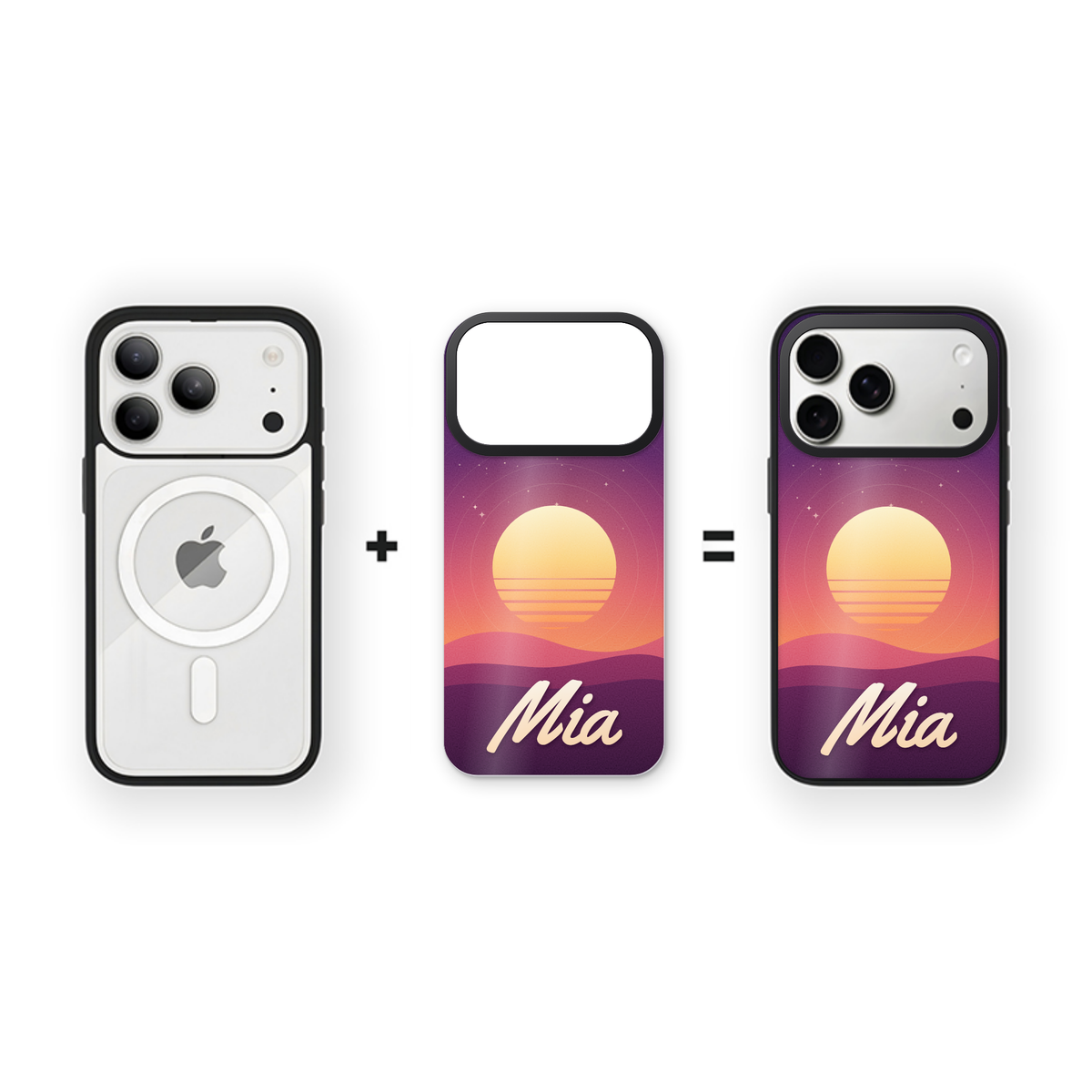 Custom skin iPhone case example: purple sunset design with the name Mia, shown as case plus skin equals finished case