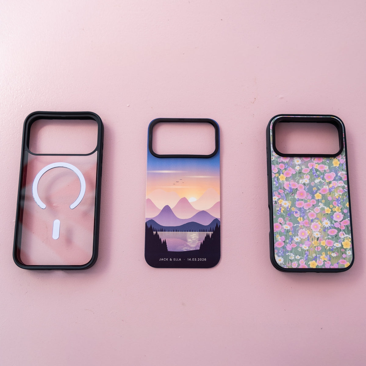 Flat lay of the custom skin MagSafe case: clear case with MagSafe ring, mountain sunset skin and wildflower skin