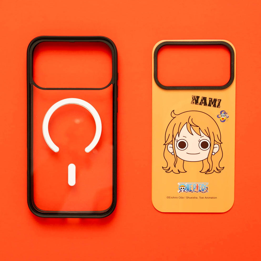 Clear MagSafe case next to a One Piece Nami printed skin