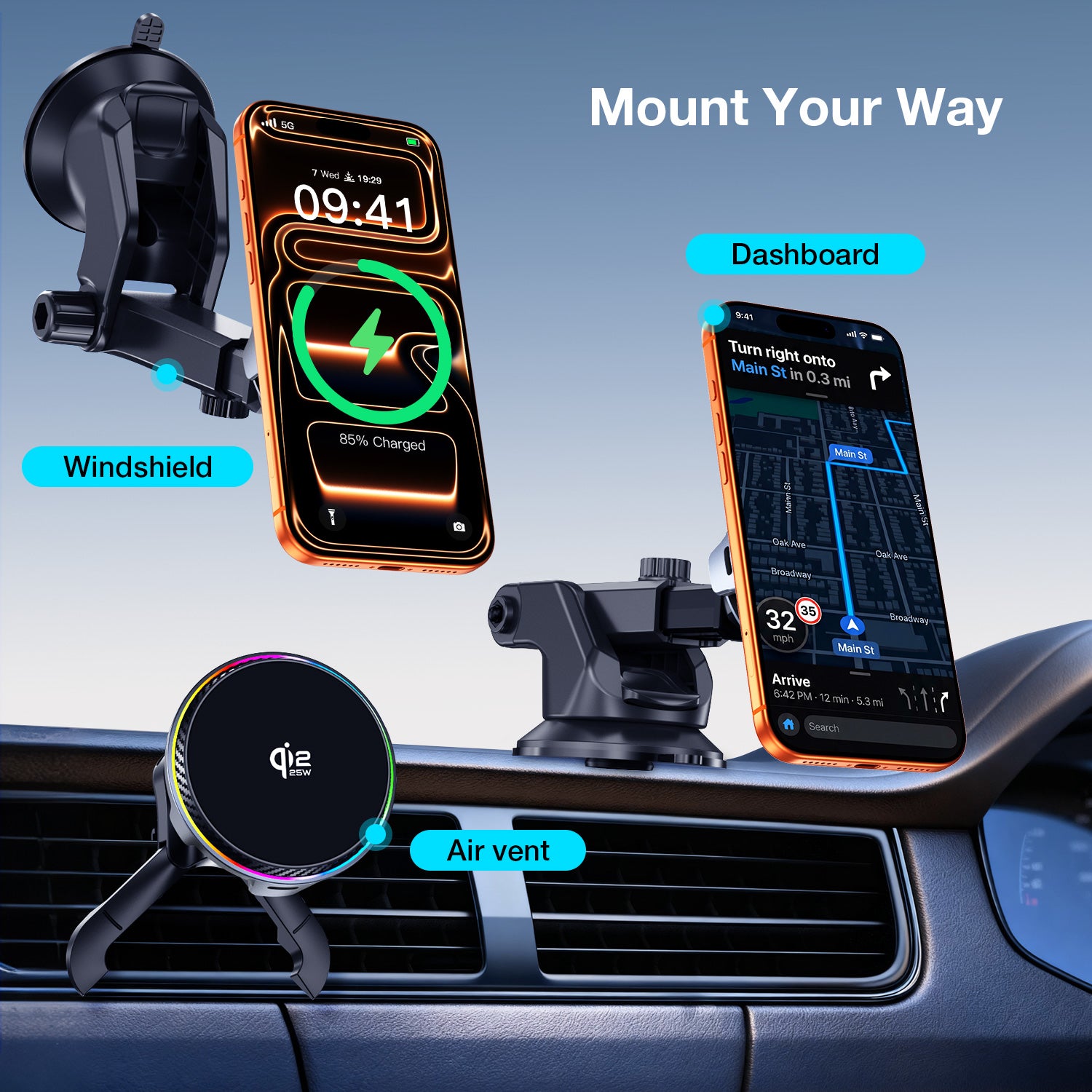 Dashboard and windshield phone mount setup for Tough On MagCool Qi2 wireless charger