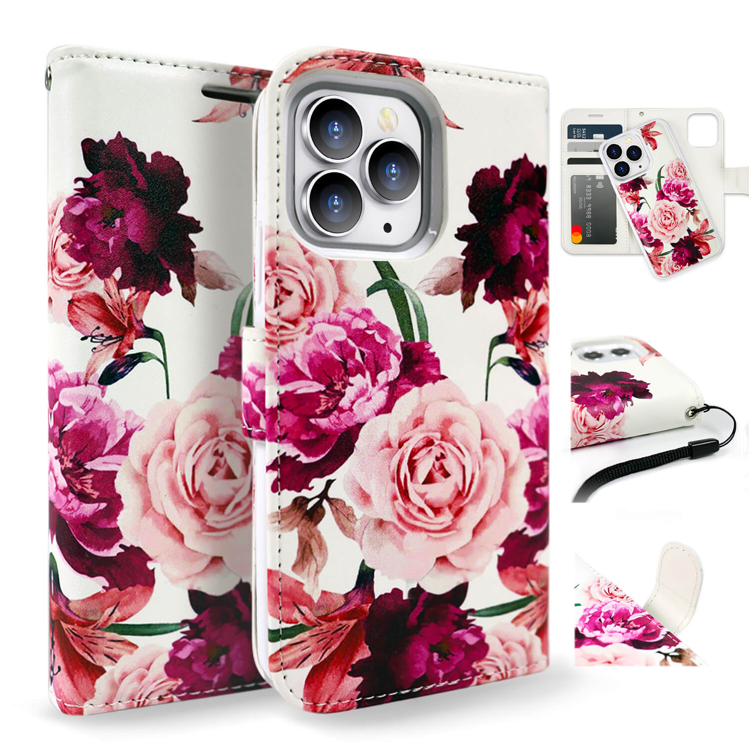Tough On iPhone 12 Pro Max Case Magnetic Detachable Leather Rose Flower