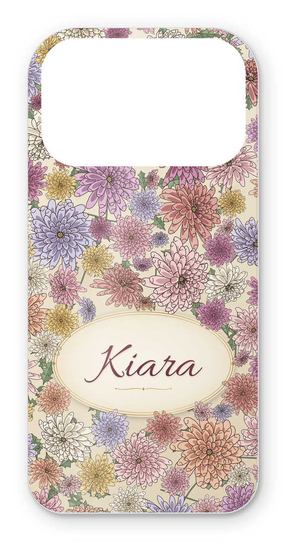 Custom skin case in pastel blooms with the name Kiara across the back
