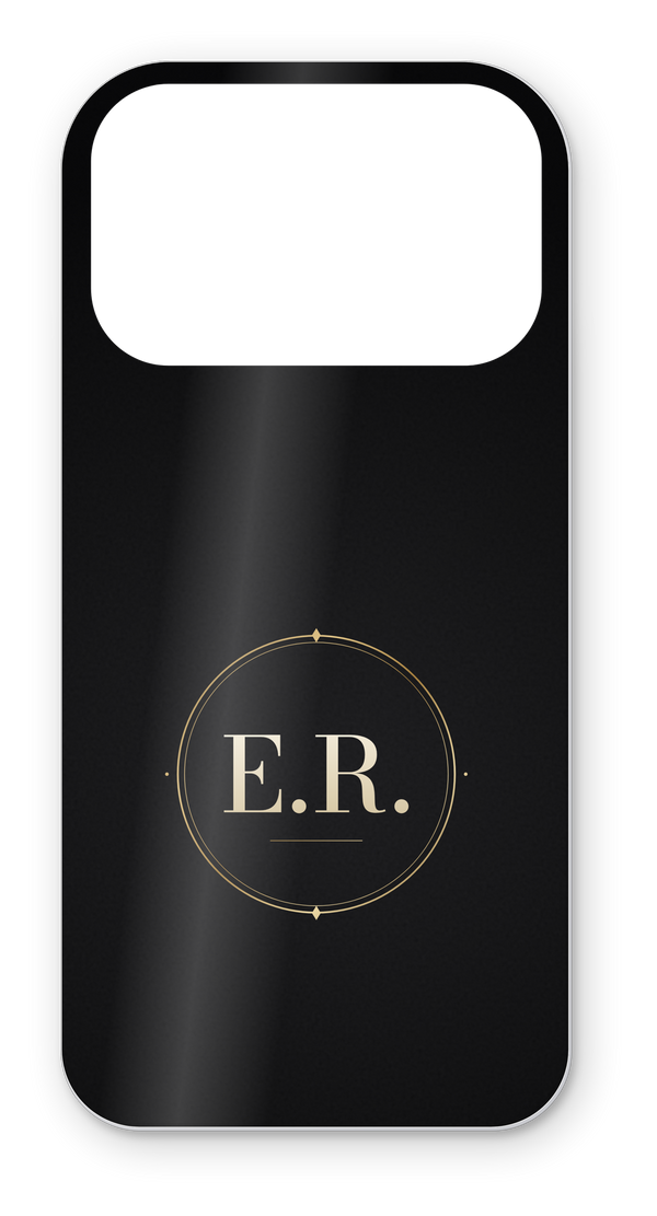 Custom skin case in black gloss with a gold E.R. monogram