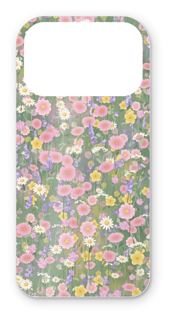 Custom skin case printed with a pink and yellow wildflower meadow