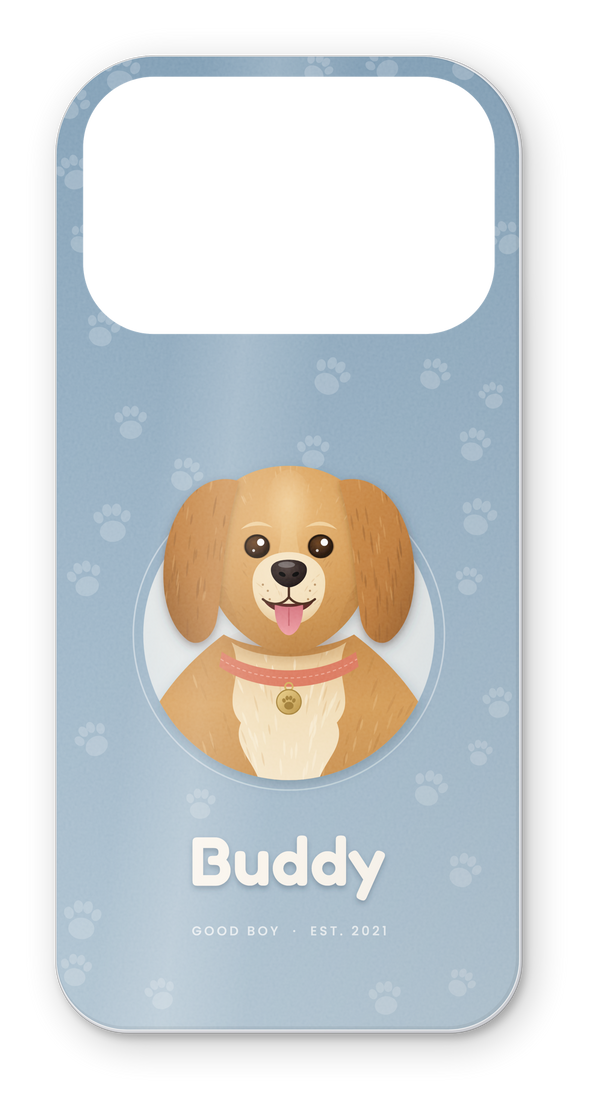 Custom skin case with a dog portrait named Buddy on a paw print background