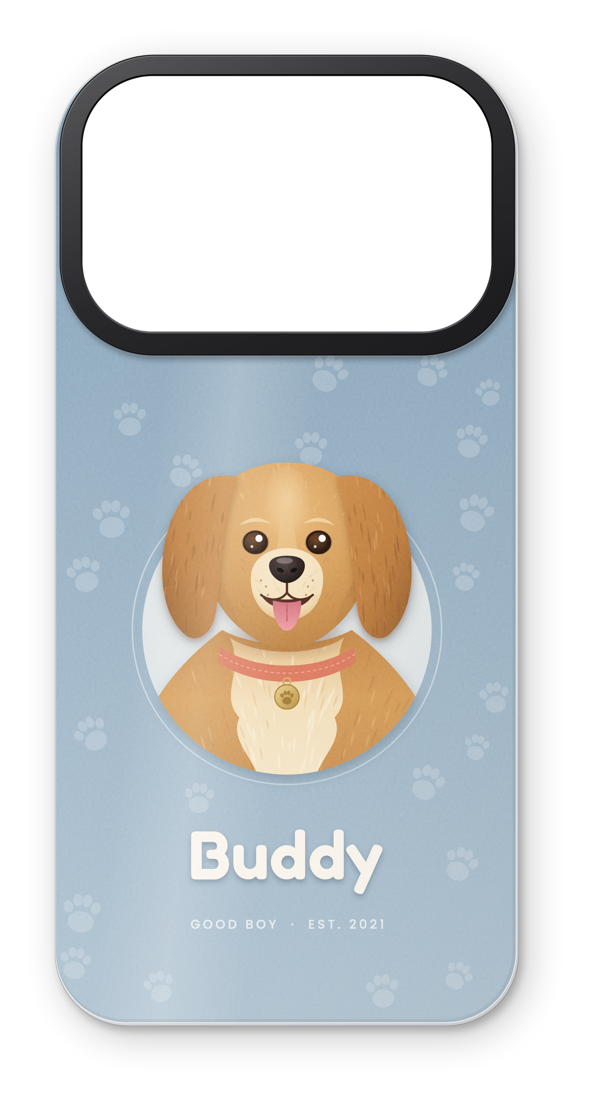 Custom printed skin example: illustrated pet dog named Buddy