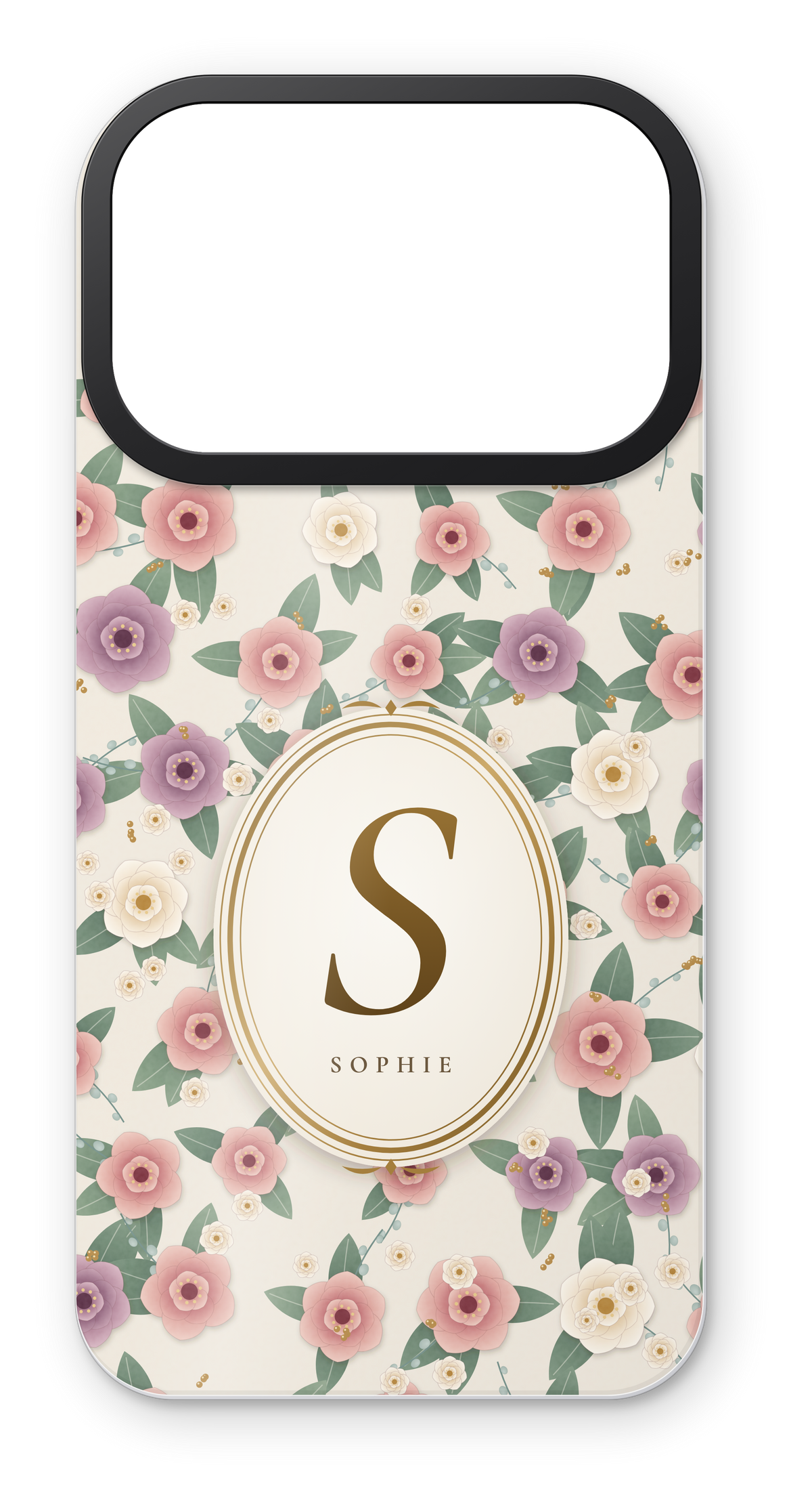Custom printed skin example: floral pattern with a gold S monogram