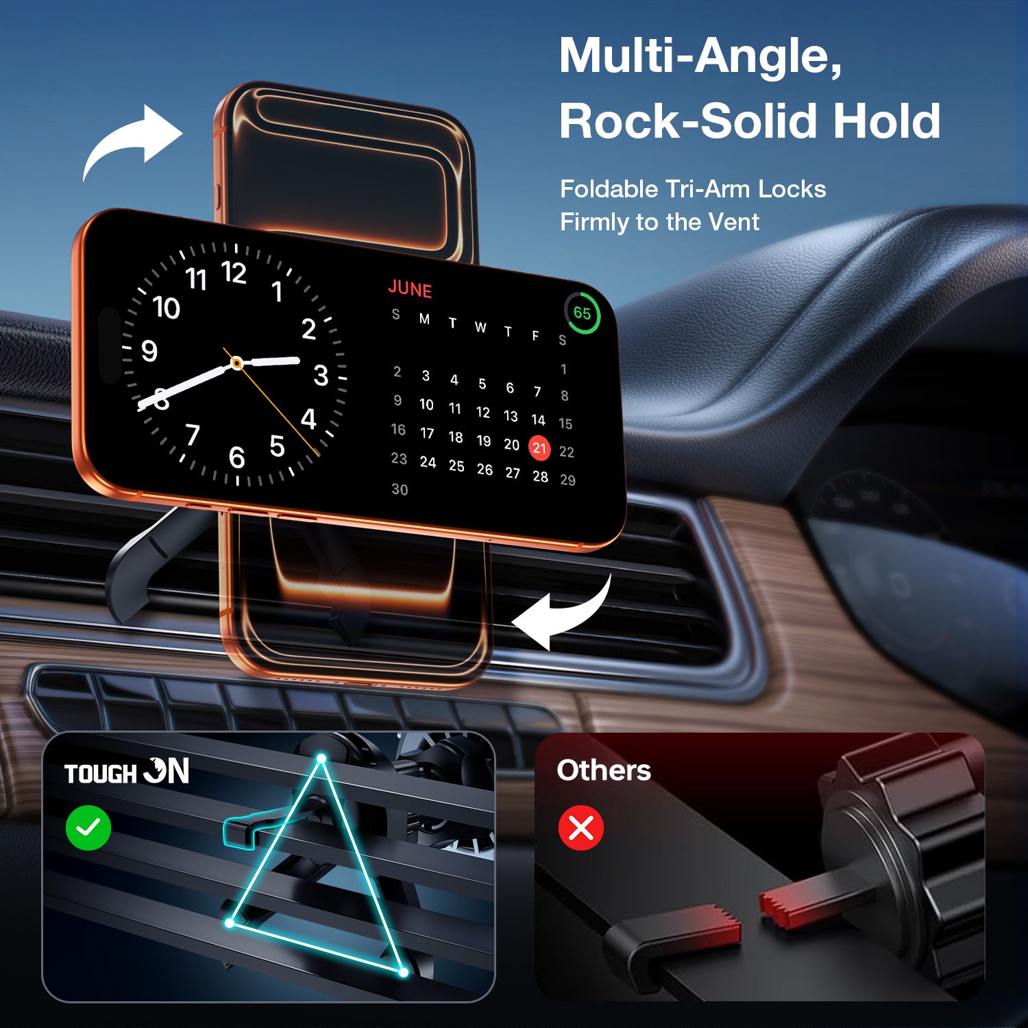 Tough On MagCool wireless car charger mounted on air vent with upgraded 3-point clip