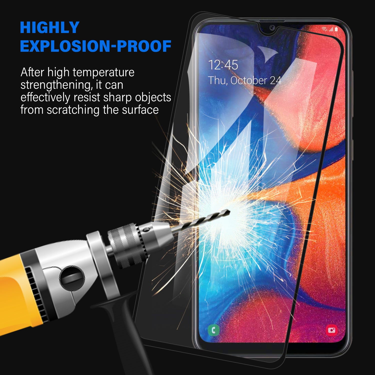 Tough On Samsung Galaxy A30 / A20 Tempered Glass Screen Protector Black Frame