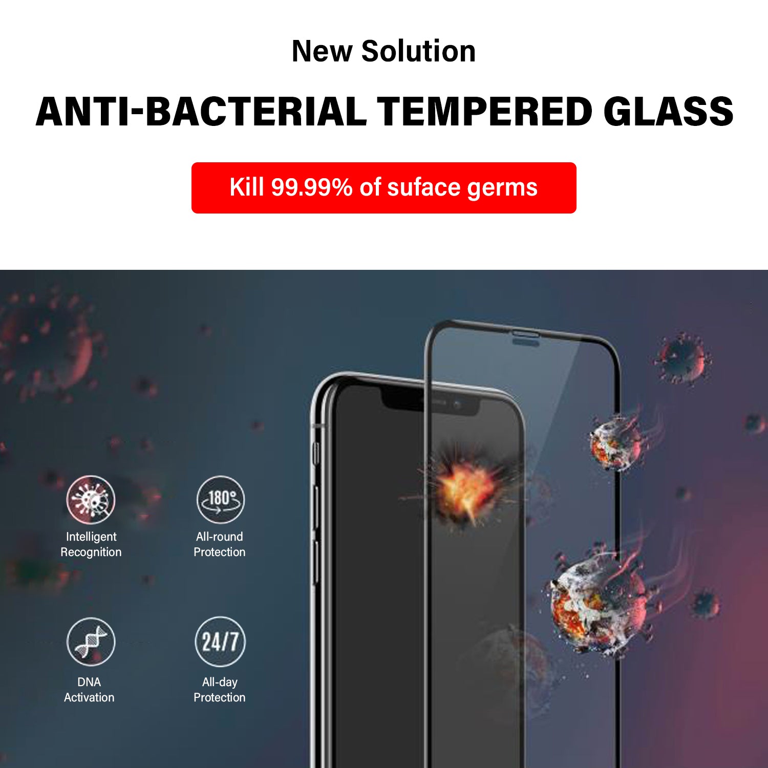 Tough on iPhone 11 Pro Tempered Glass Screen Protector Antibacterial