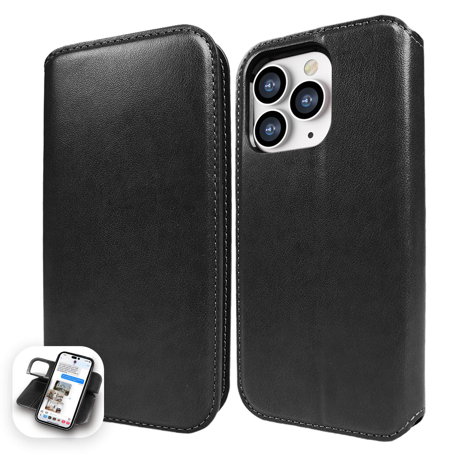 Tough On iPhone 14 Pro Max Case Magnetic Fine Leather Detachable Black