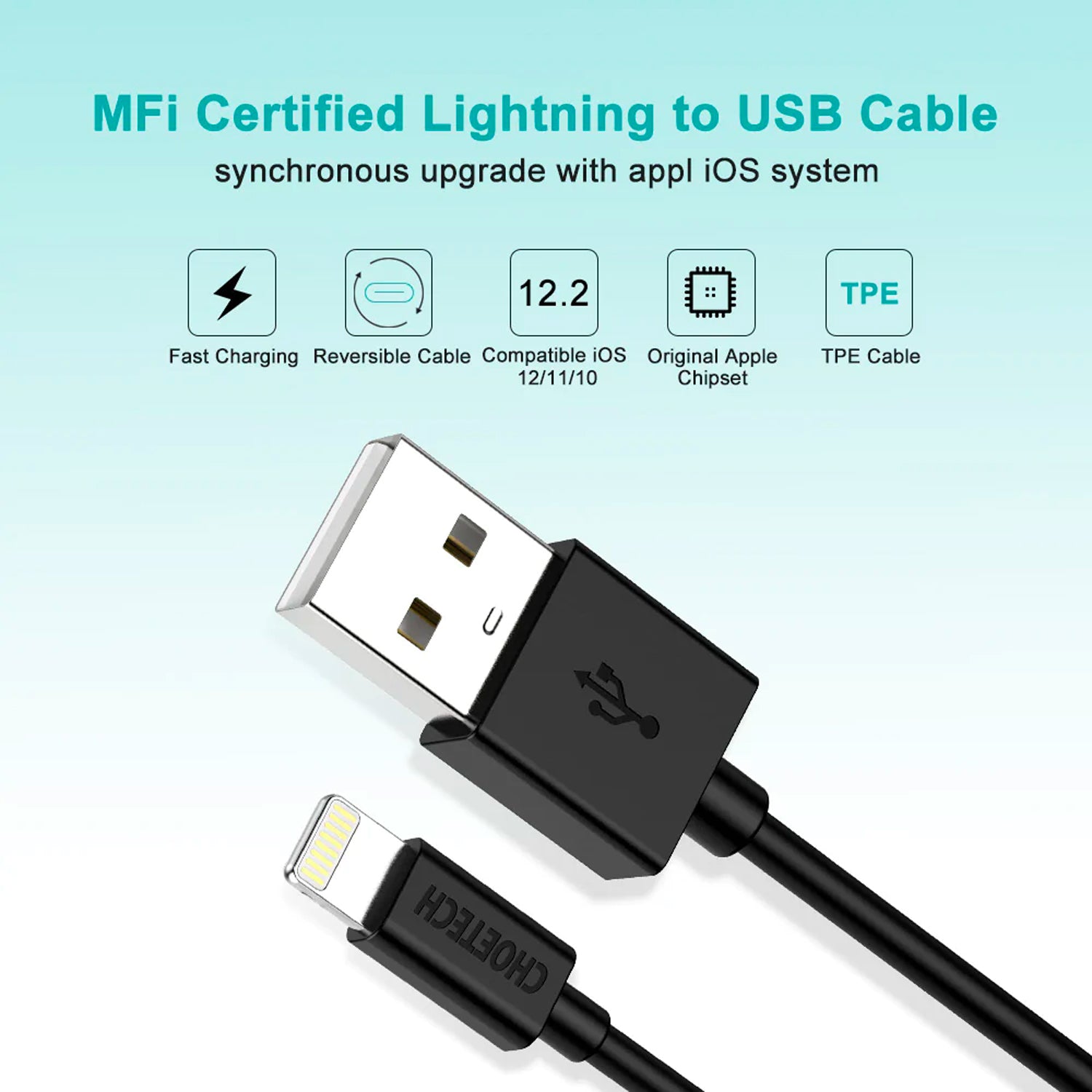 Choetech USB-A to Lightning Cable 1.8m MFI Black