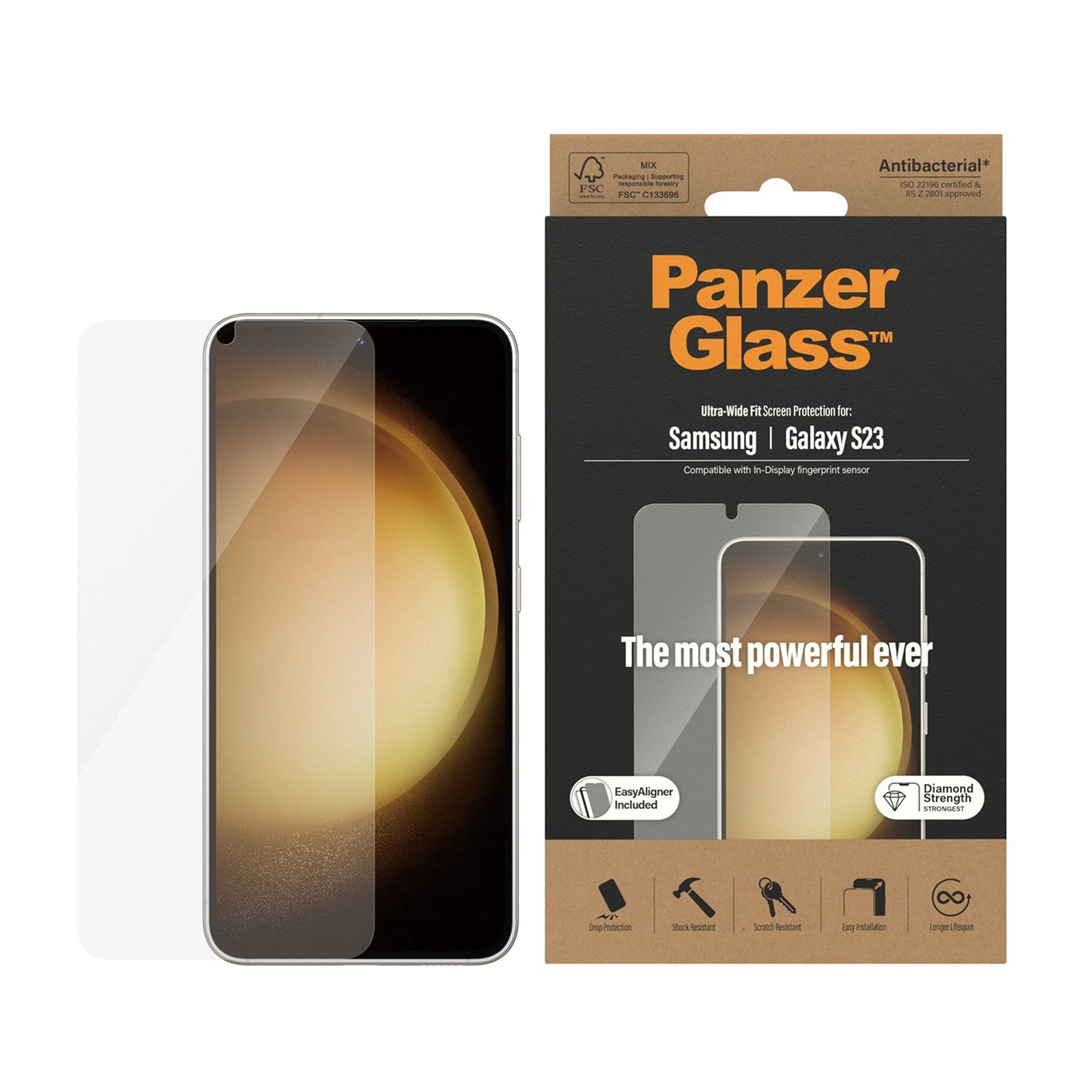 PanzerGlass Samsung Galaxy S23 Screen Protector Ultra-Wide Fit Antibacterial with Aligner