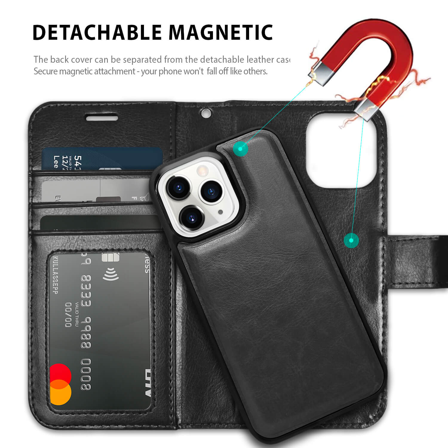 Tough On iPhone 14 Pro Max Magnetic Detachable Leather Case Black