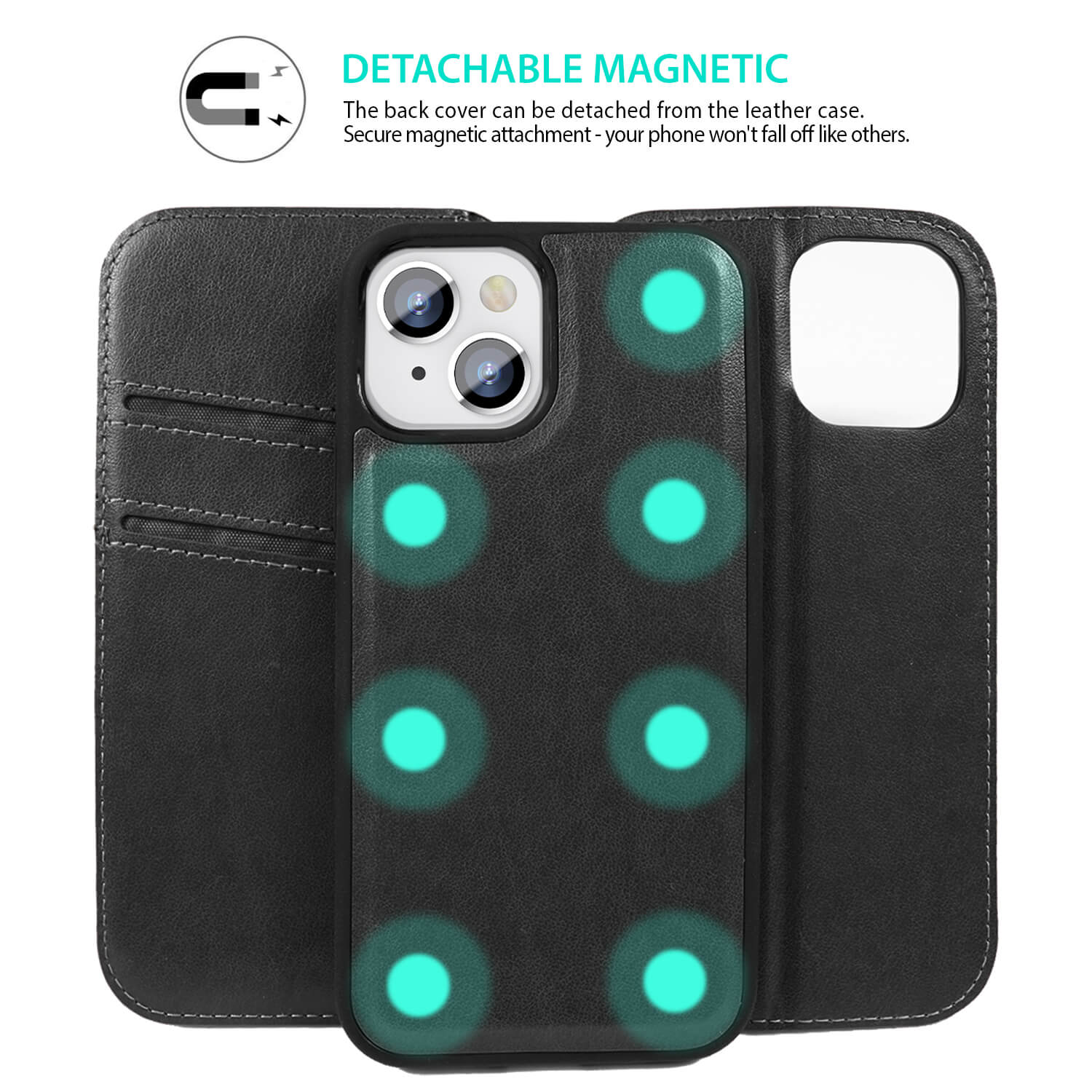 Tough On iPhone 14 Plus Case Magnetic Fine Leather Detachable Black