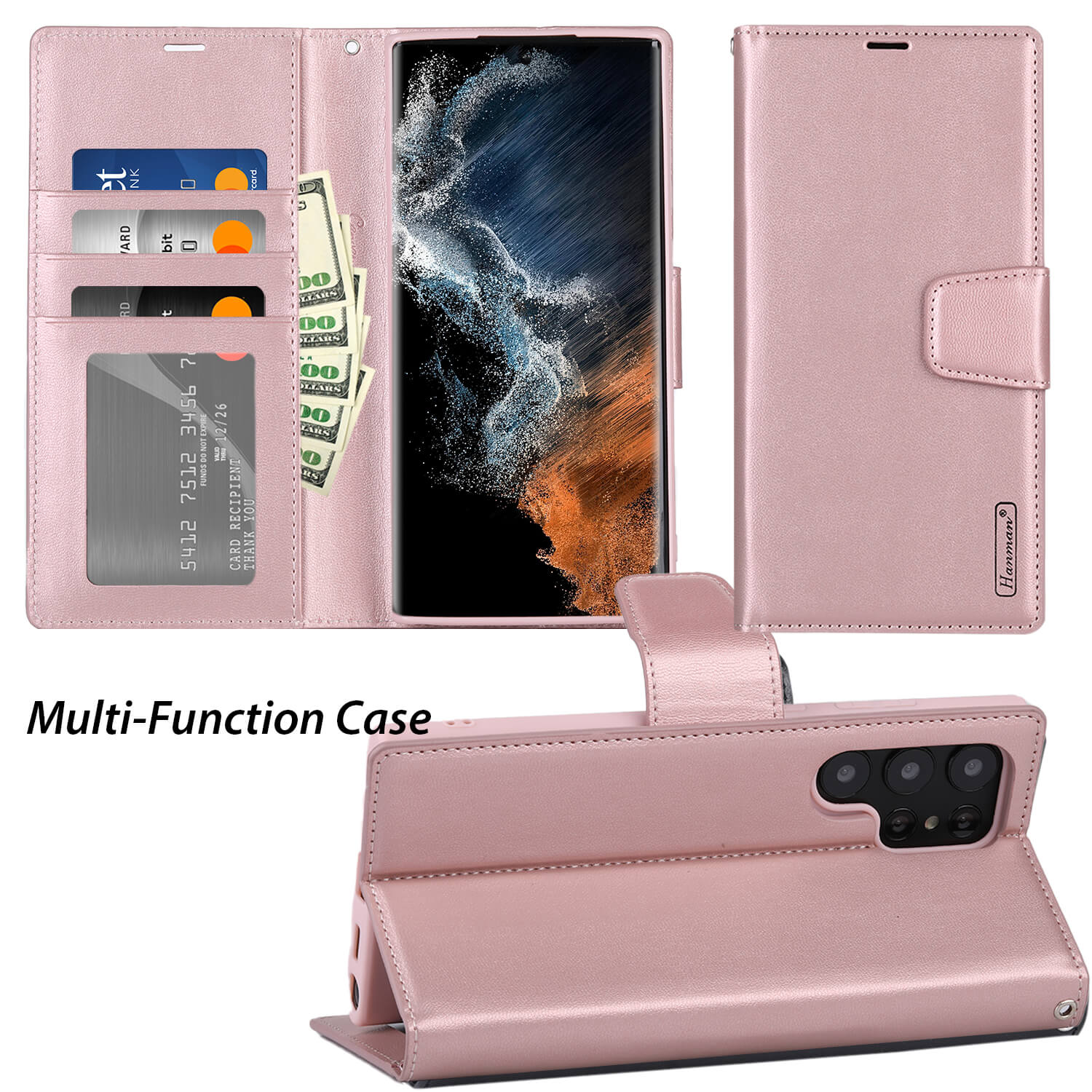 Hanman Samsung Galaxy S22 Ultra 5G Case Leather Rose Gold