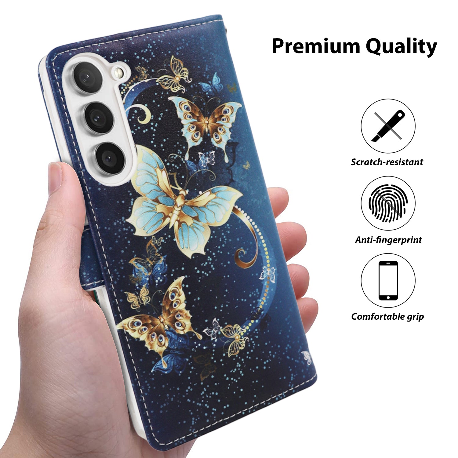 Tough On Samsung Galaxy S23 Plus Flip Wallet Leather Case Butterfly Blue Holly