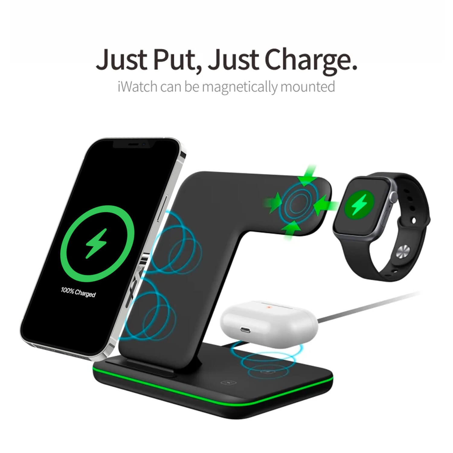 PTC Select 3 in 1 Wireless Charger Stand Dock for Apple iPhone iWatch Airpods & Samsung